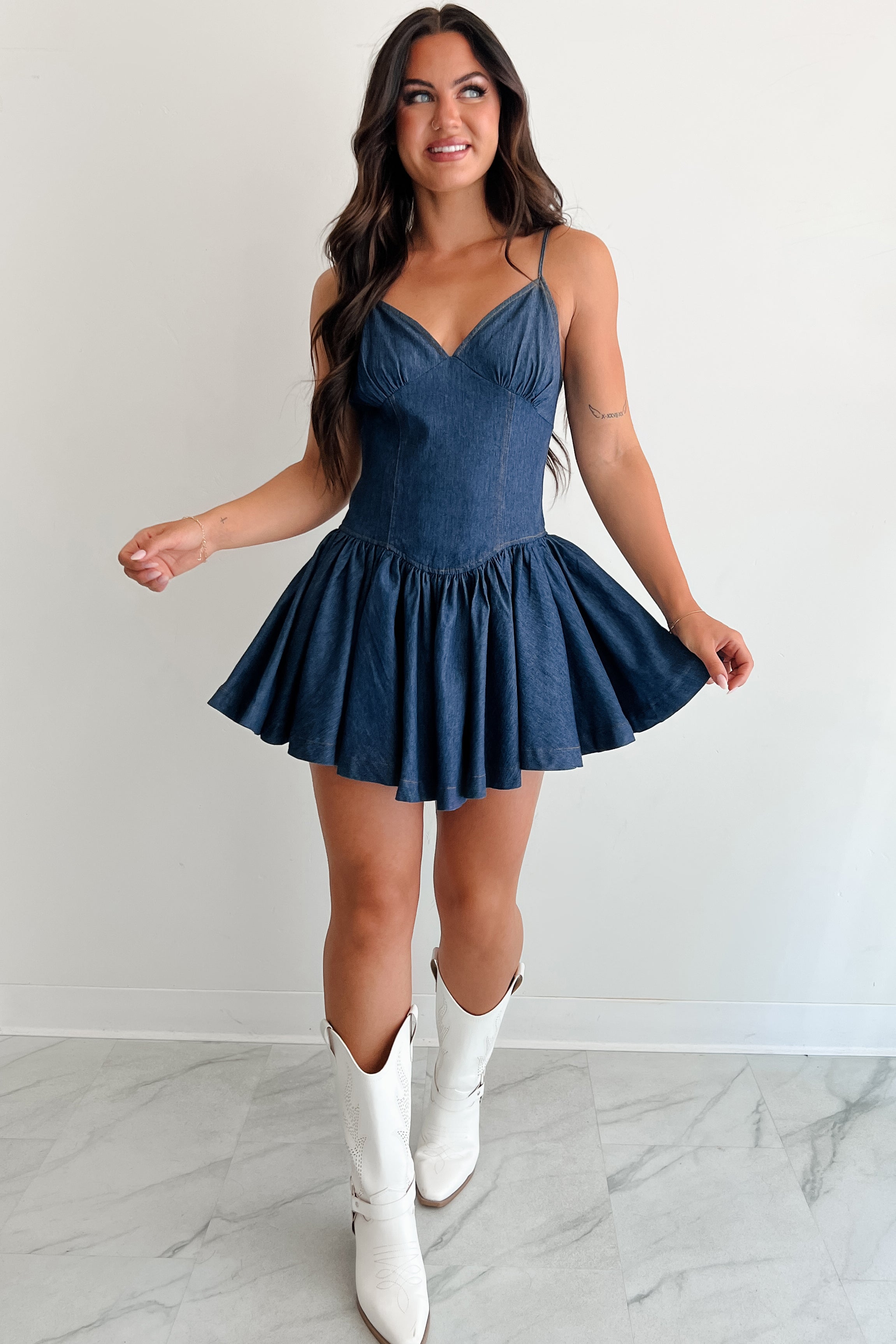 Bursting Bold Sleeveless Denim Mini Dress (Dark)-The Formal Wear
