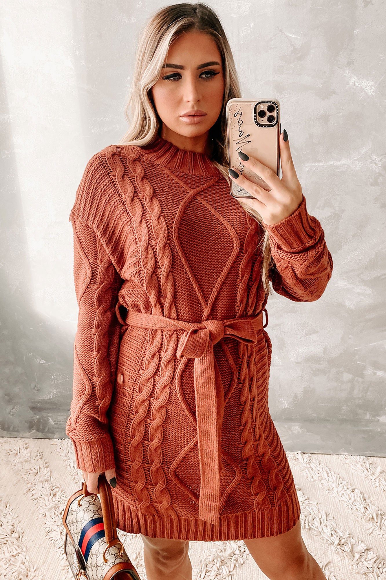 Warm Personality Cable Knit Sweater Dress (Brown)-The Formal Wear