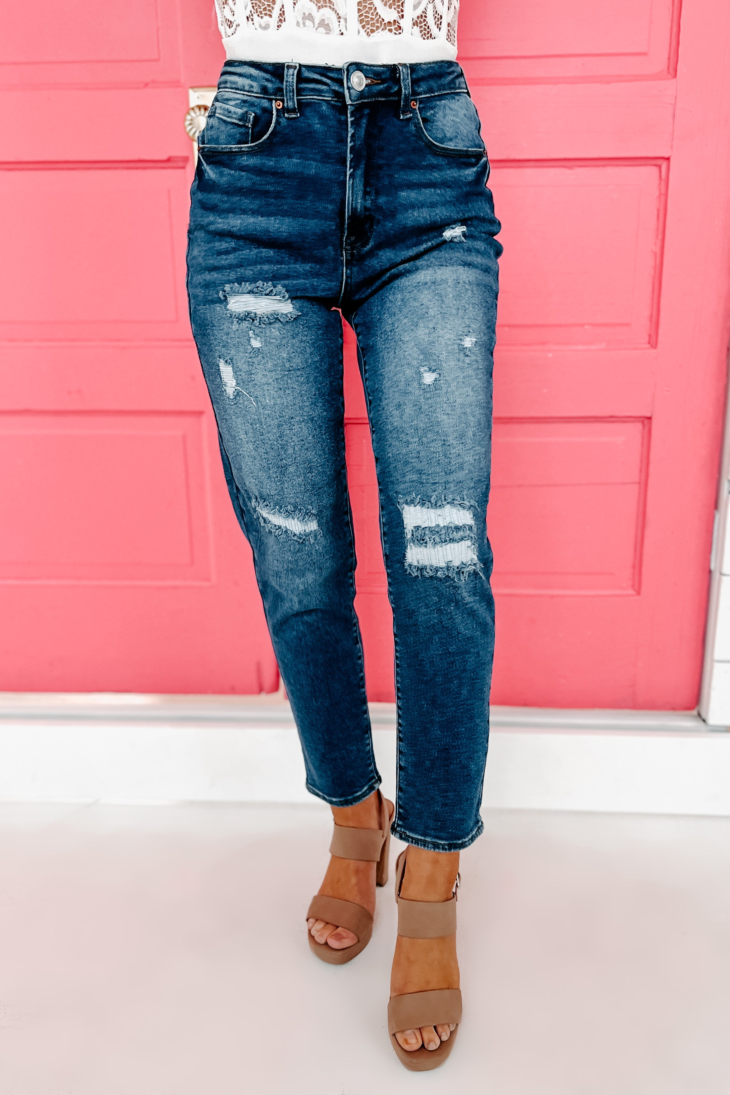 Ruby High Rise Distressed Mom Jean (Dark)-The Formal Wear