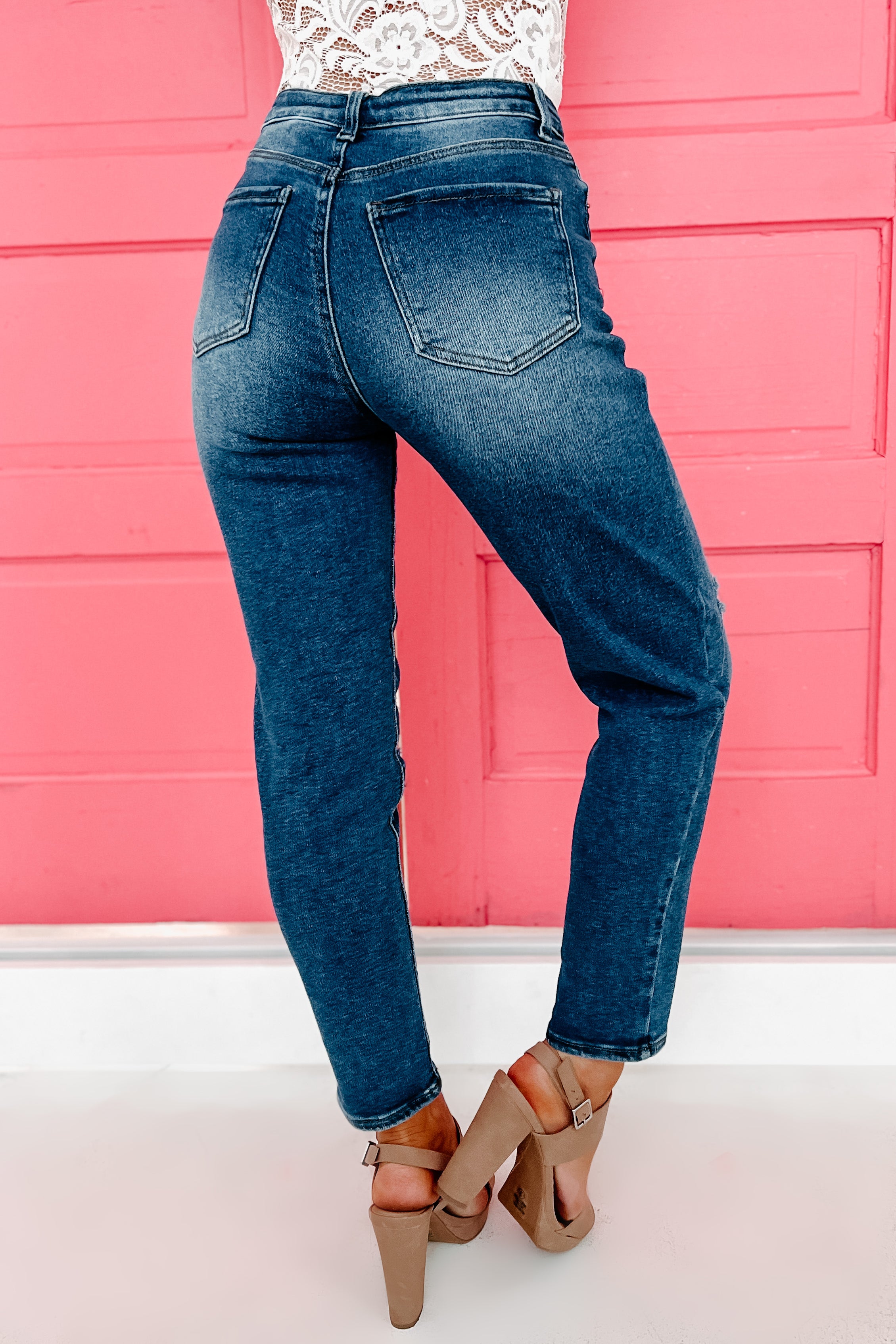 Ruby High Rise Distressed Mom Jean (Dark)-The Formal Wear