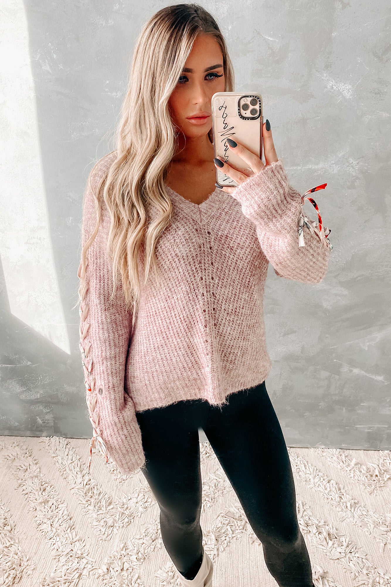 Everlasting Memories Lace-Up Sleeve Sweater (Dusty Rose)-The Formal Wear