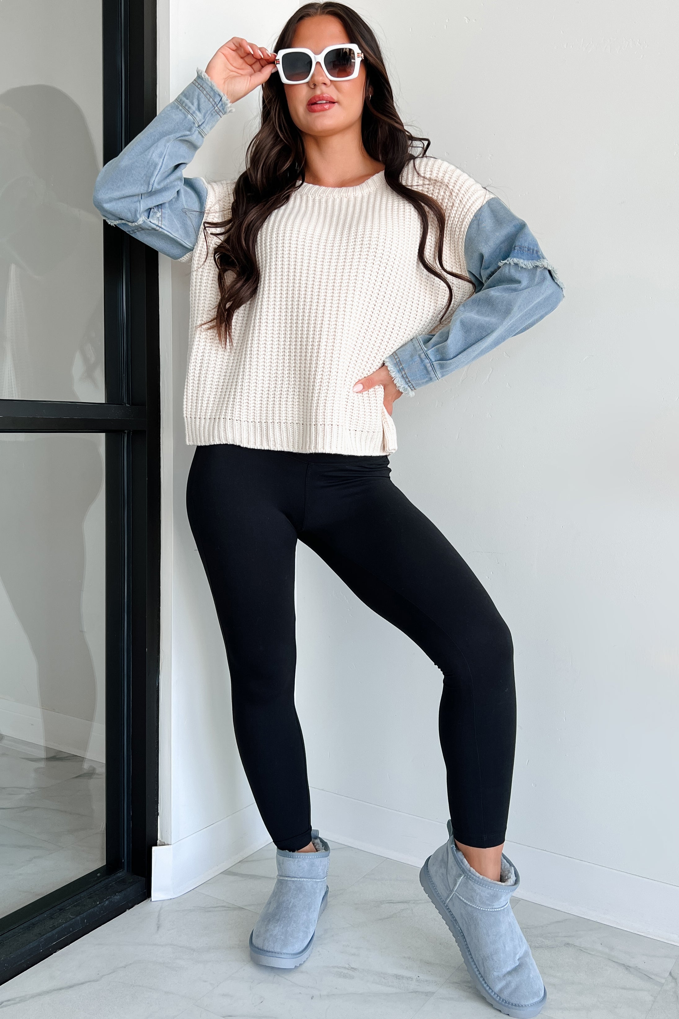 New Wave Fashion Denim Sleeve Sweater (Natural/Denim)-The Formal Wear