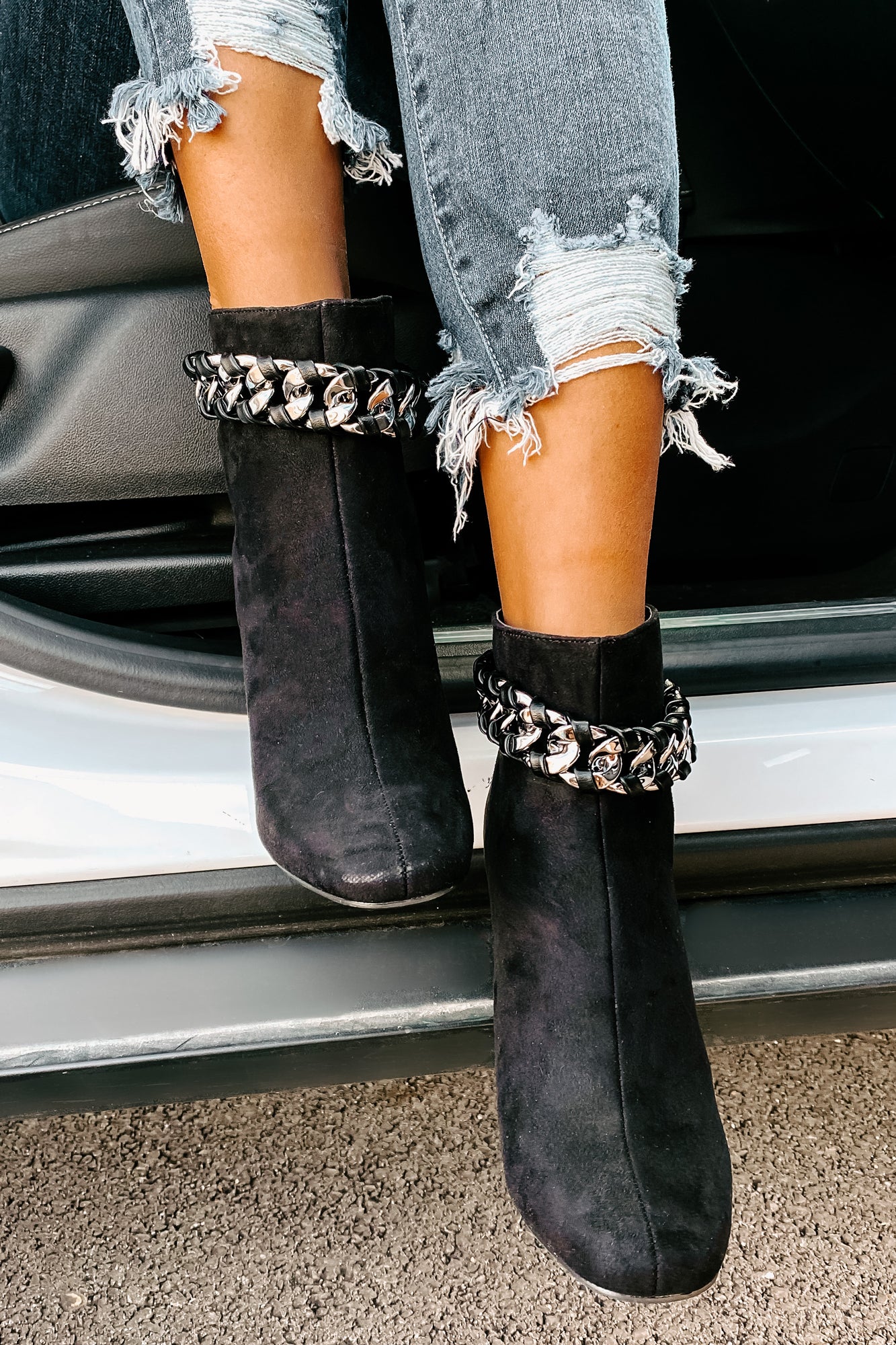Not My Weakest Link Faux Suede Chain Detail Booties (Black)-The Formal Wear