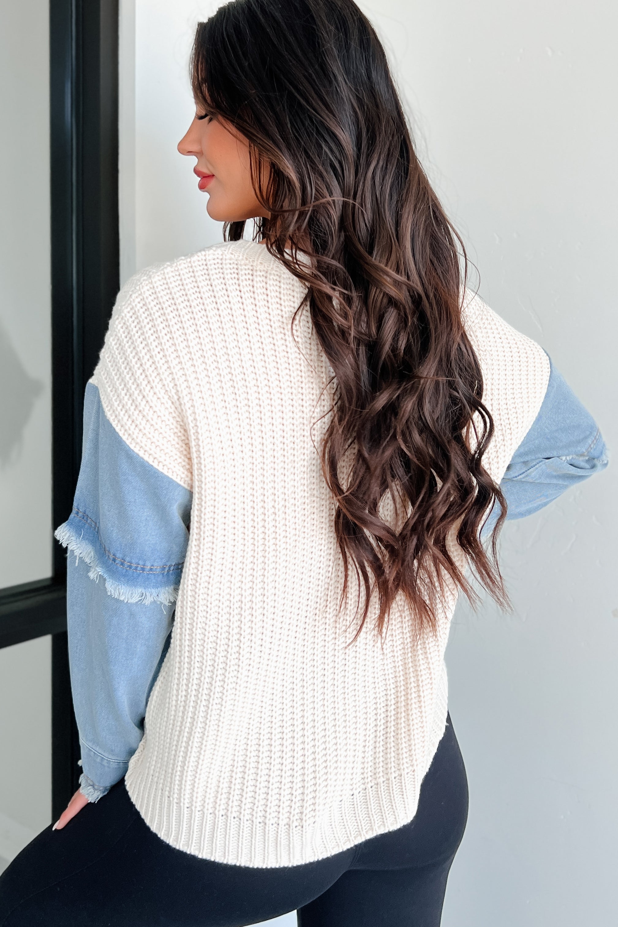 New Wave Fashion Denim Sleeve Sweater (Natural/Denim)-The Formal Wear