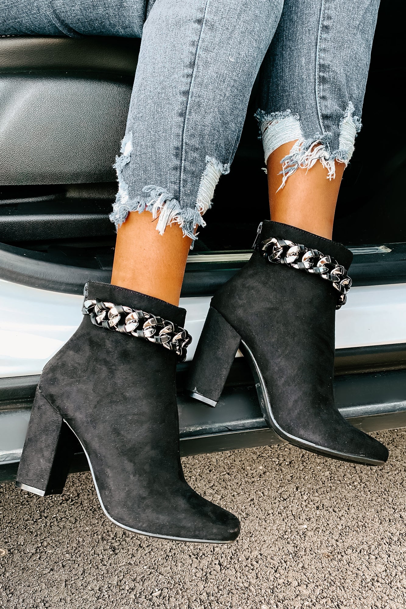 Not My Weakest Link Faux Suede Chain Detail Booties (Black)-The Formal Wear