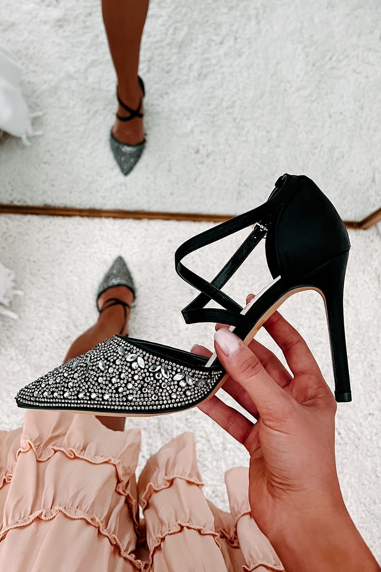 No Real Competition Pointed Toe Rhinestone Embellished Heel (Black)-The Formal Wear