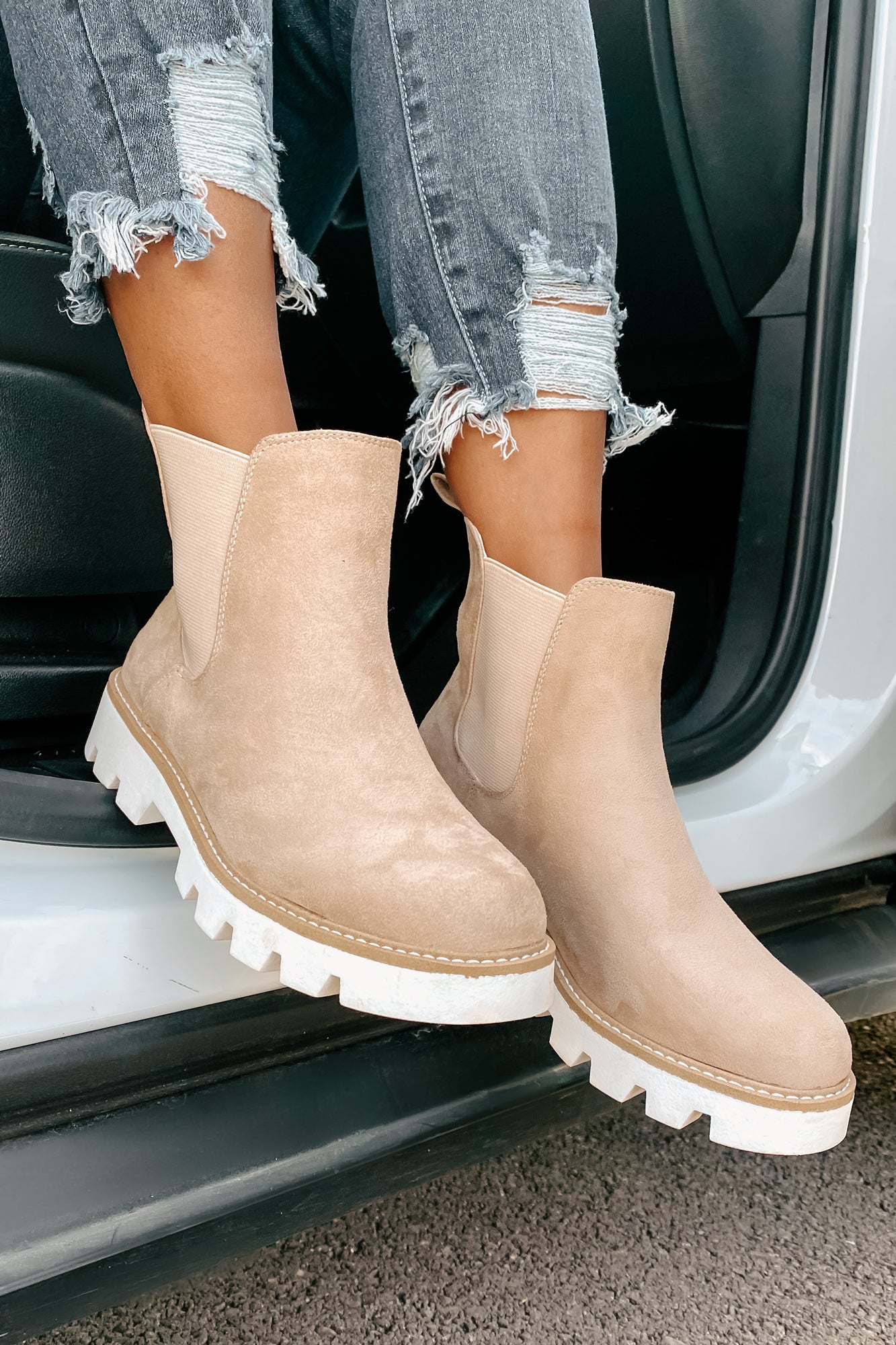IMPERFECT Jenkins Faux Suede Booties (Cream)-The Formal Wear
