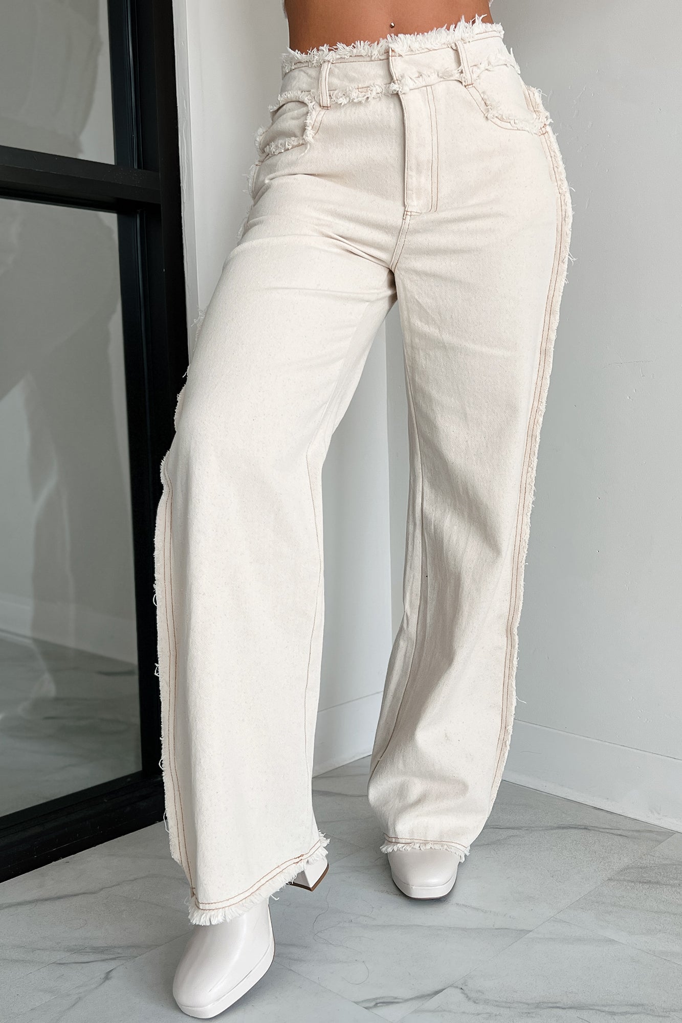 Roswell Frayed Seam Wide Leg Jeans (Off White Denim)-The Formal Wear