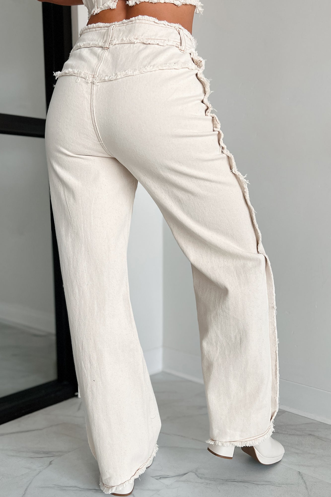 Roswell Frayed Seam Wide Leg Jeans (Off White Denim)-The Formal Wear