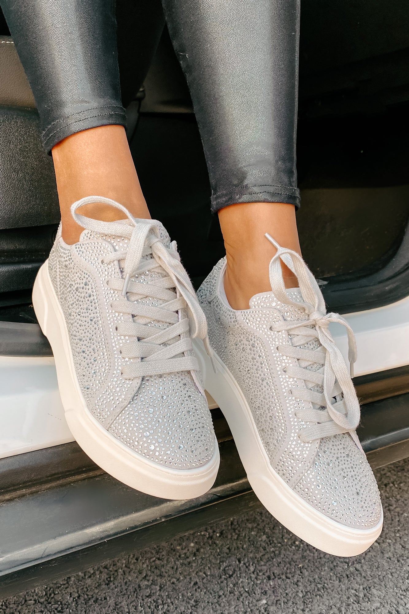 Moment In The Spotlight Madden Girl Lace-Up Rhinestone Sneakers (Grey)-The Formal Wear