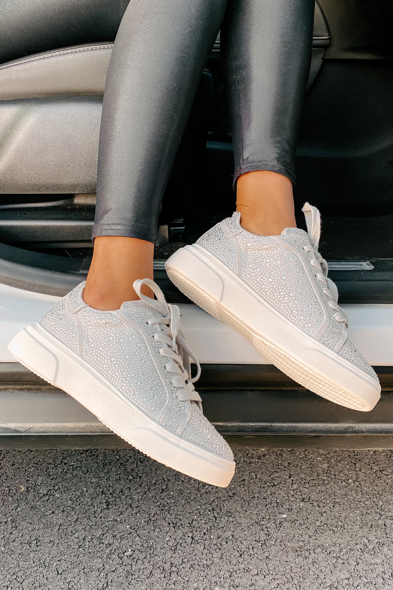 Moment In The Spotlight Madden Girl Lace-Up Rhinestone Sneakers (Grey)-The Formal Wear