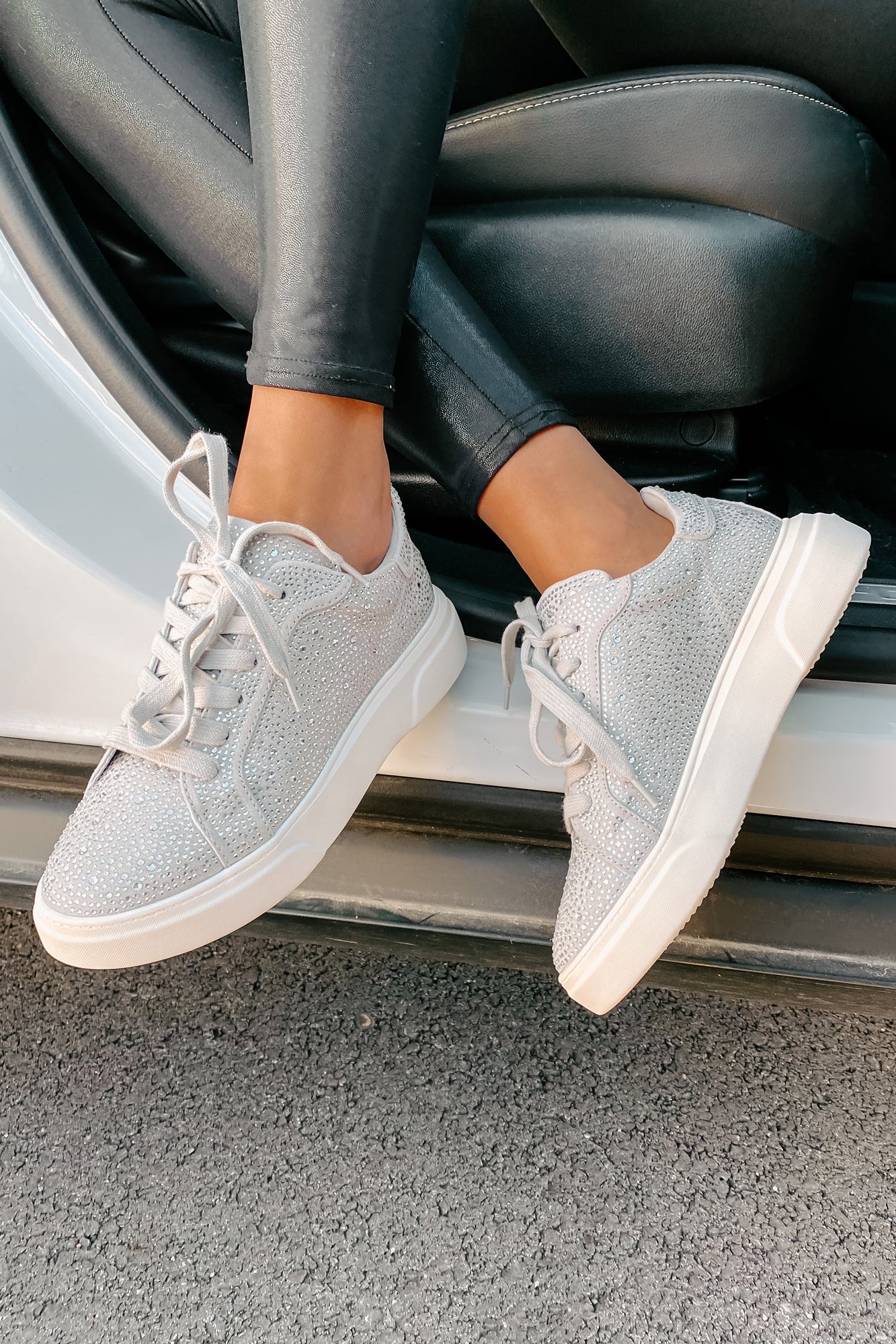 Moment In The Spotlight Madden Girl Lace-Up Rhinestone Sneakers (Grey)-The Formal Wear