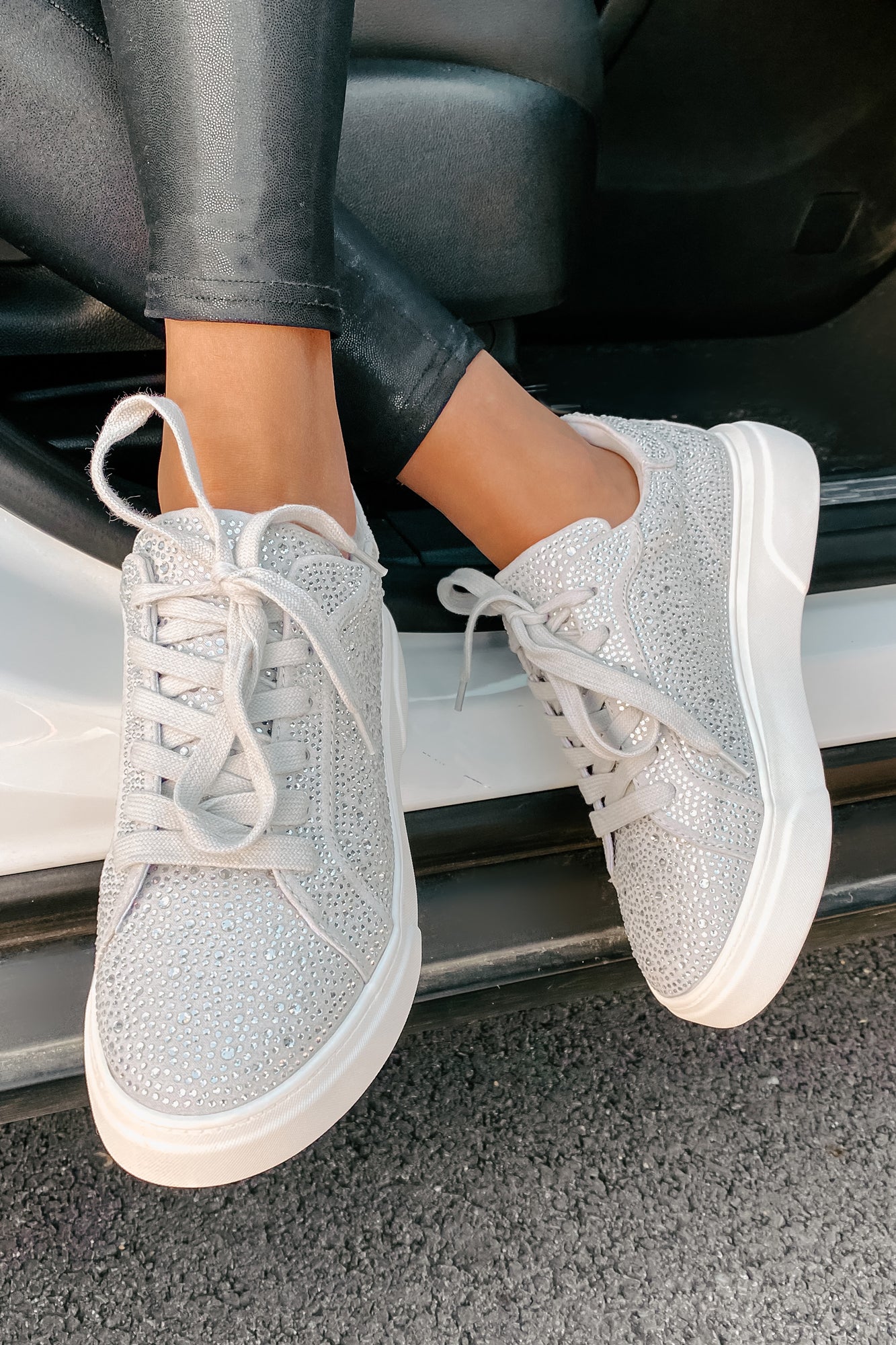 Moment In The Spotlight Madden Girl Lace-Up Rhinestone Sneakers (Grey)-The Formal Wear