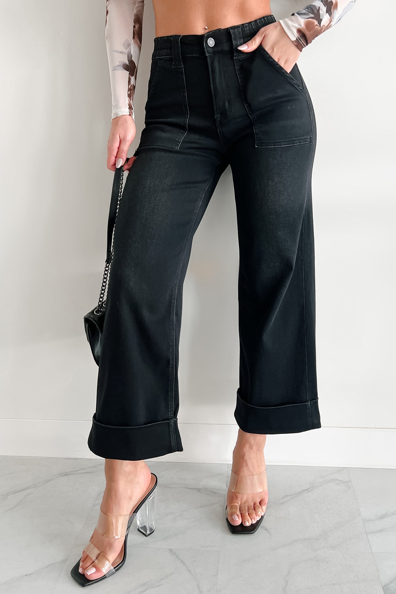 Graham Vervet High Rise Cuffed Wide Leg Jeans (Black)-The Formal Wear
