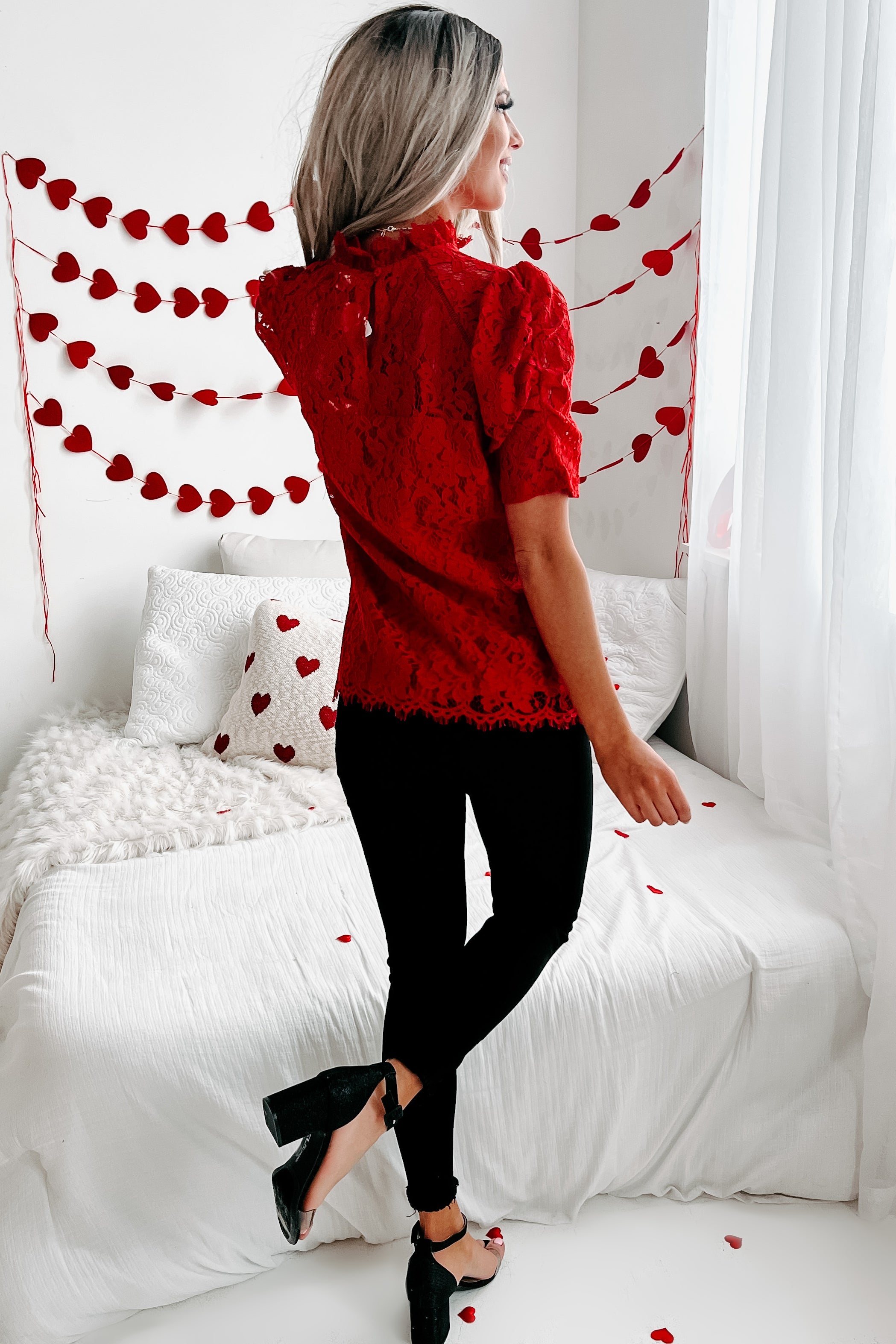 Heart Of A Queen High Neck Lace Top (Red)-The Formal Wear