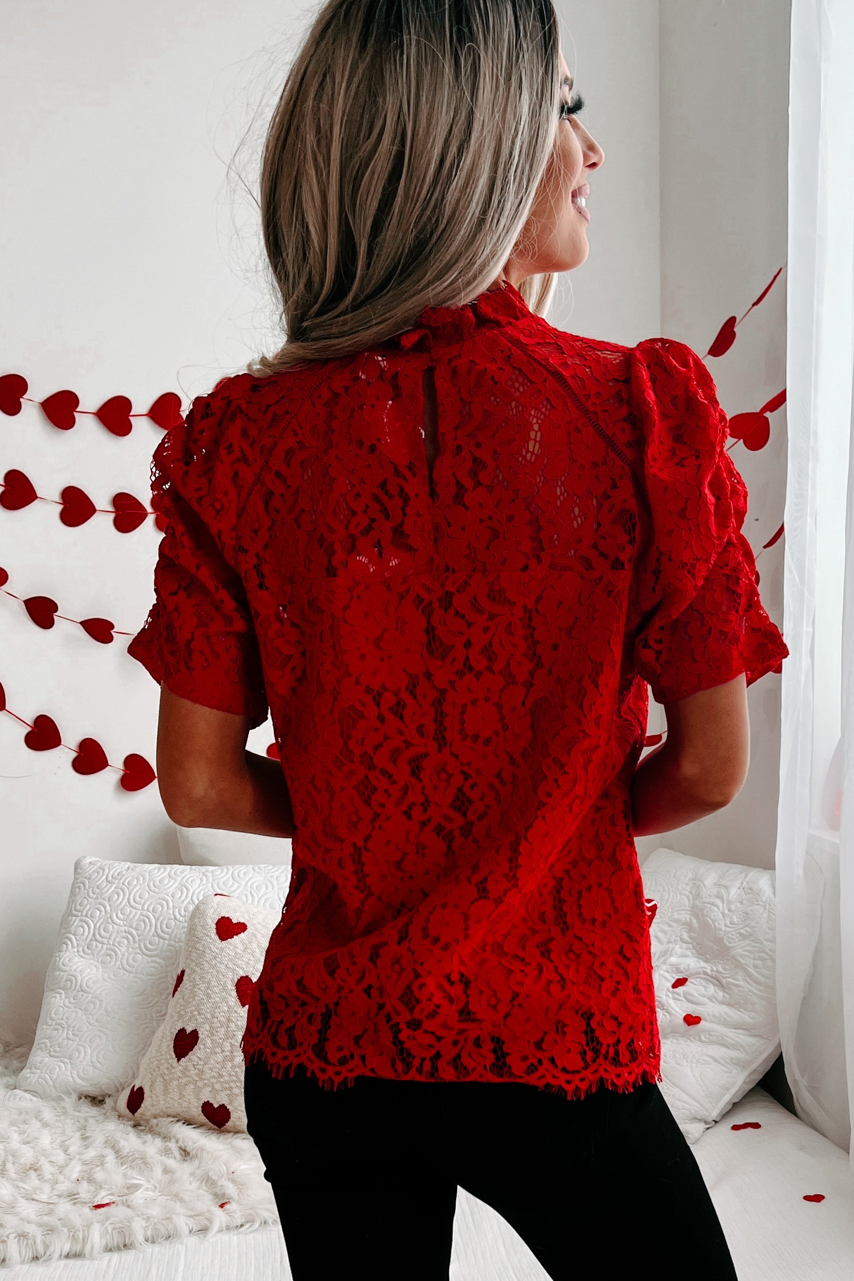 Heart Of A Queen High Neck Lace Top (Red)-The Formal Wear