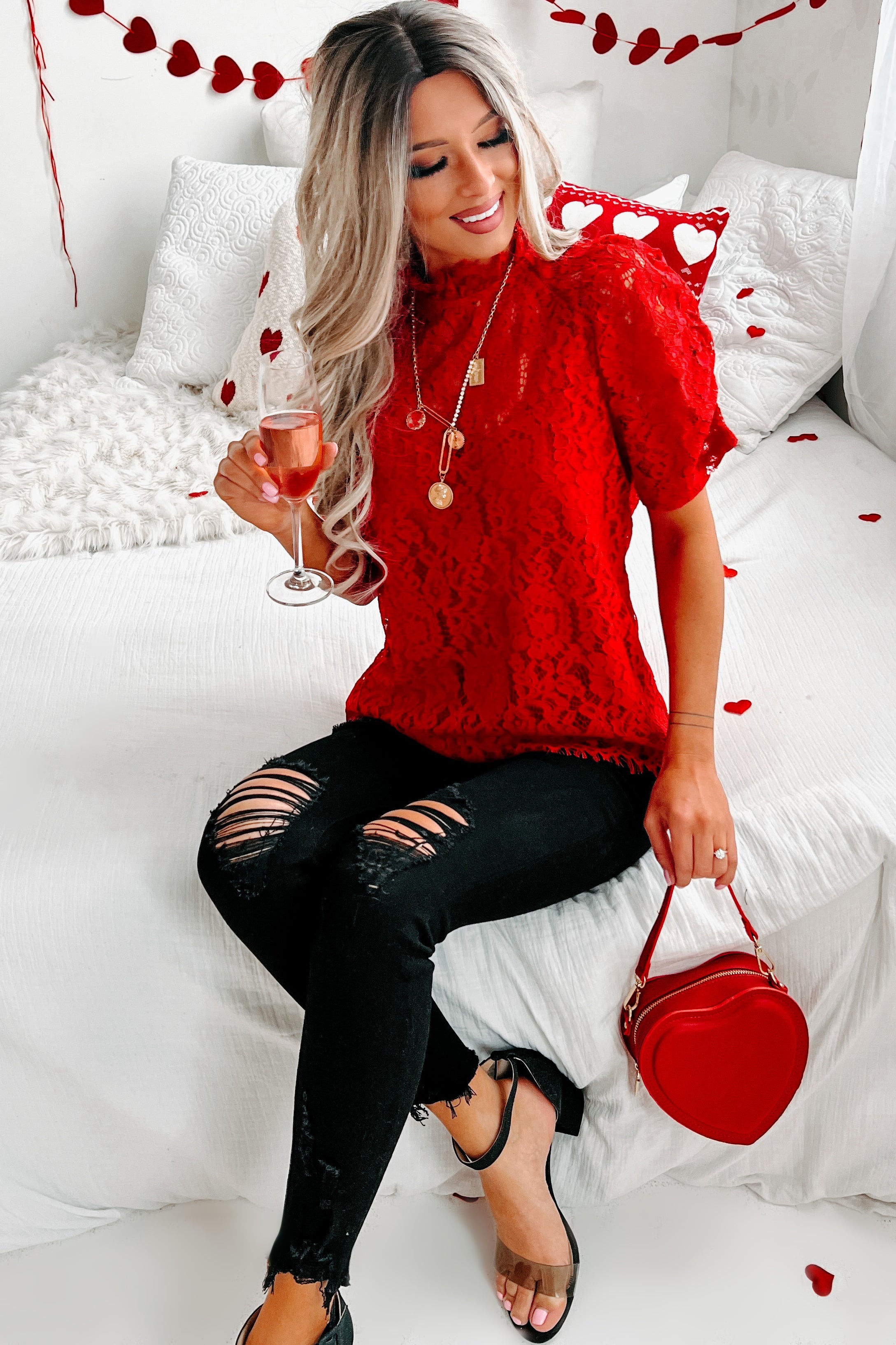 Heart Of A Queen High Neck Lace Top (Red)-The Formal Wear