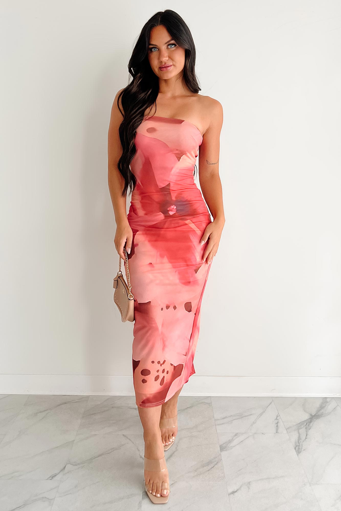 By The Sea Printed Mesh Strapless Midi Dress (Coral Multi)-The Formal Wear