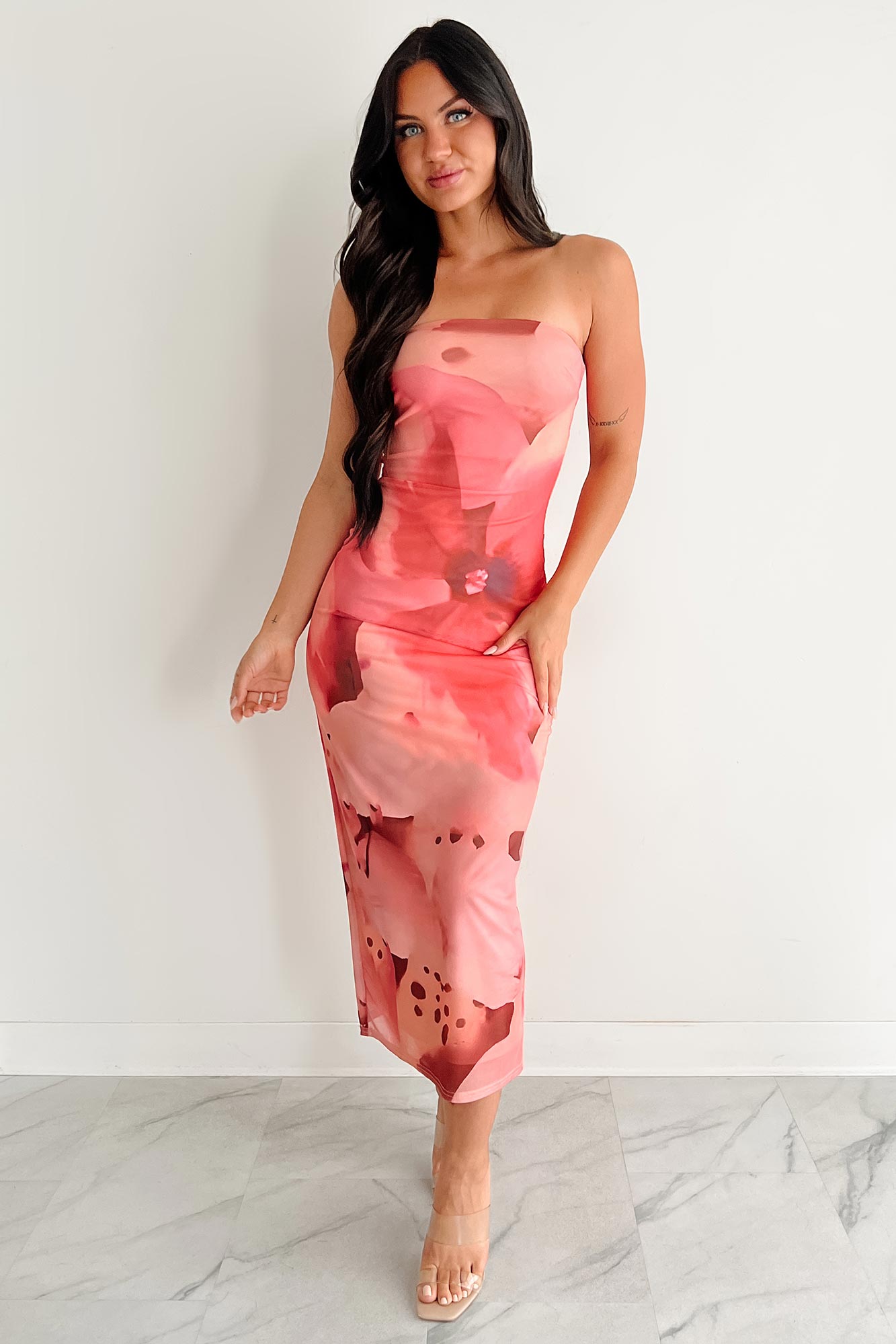 By The Sea Printed Mesh Strapless Midi Dress (Coral Multi)-The Formal Wear