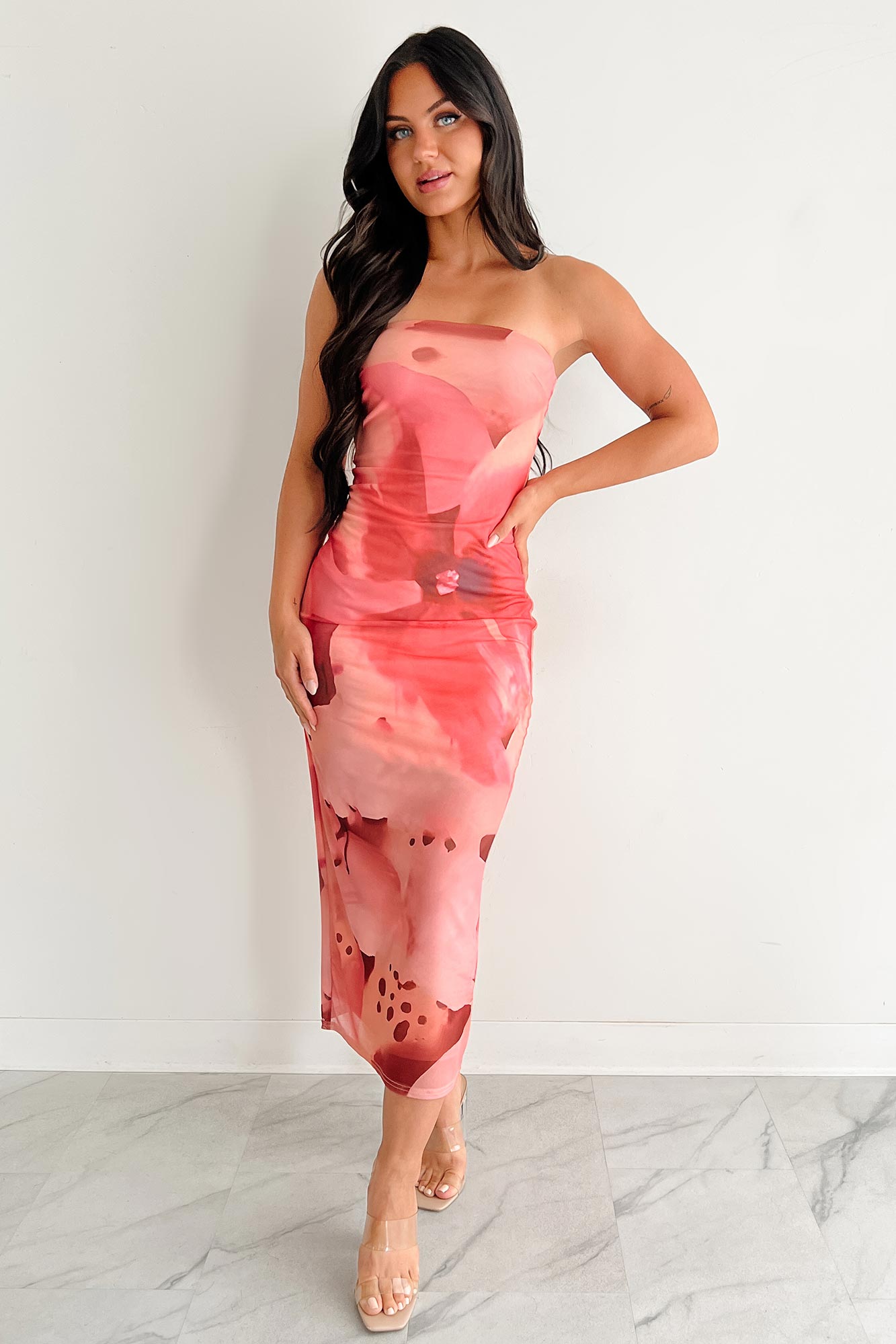 By The Sea Printed Mesh Strapless Midi Dress (Coral Multi)-The Formal Wear