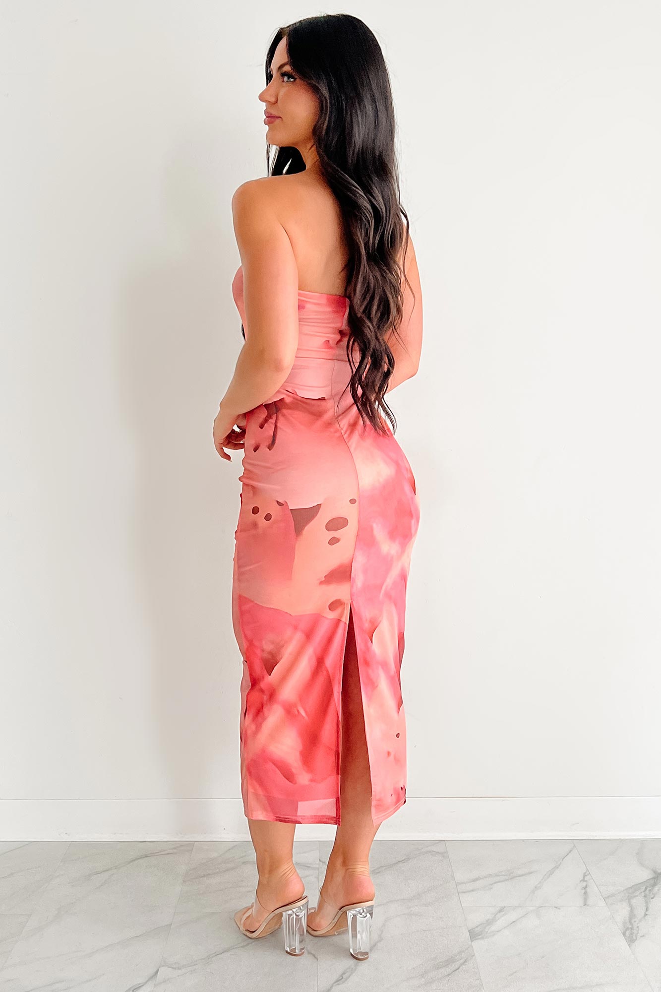 By The Sea Printed Mesh Strapless Midi Dress (Coral Multi)-The Formal Wear