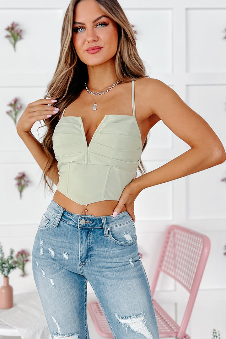 Can't Be Contained Pleated Tie-Back Crop Top (Sage)-The Formal Wear