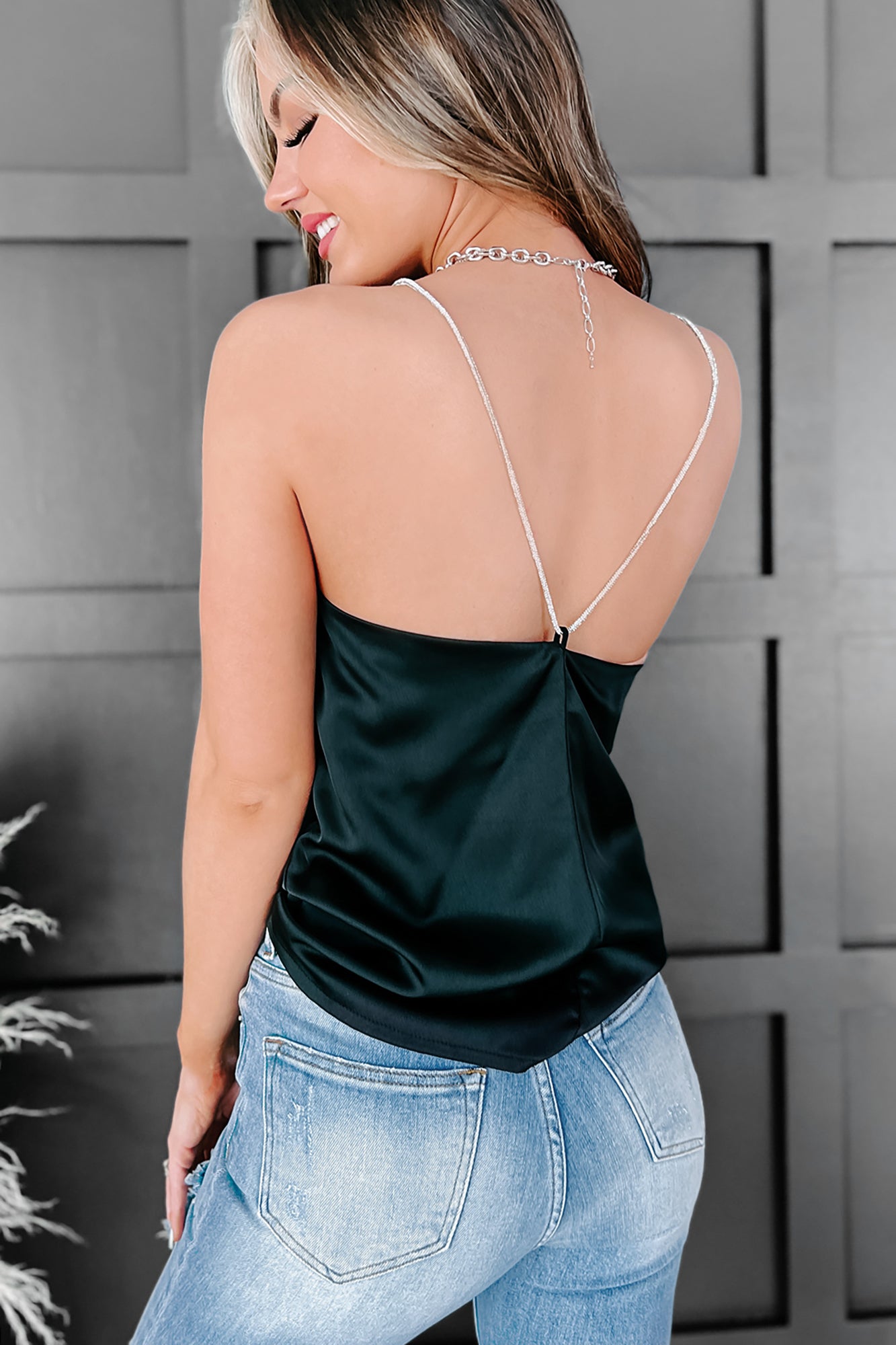 Everything I Wanted Satin Rhinestone Strap Tank (Black)-The Formal Wear