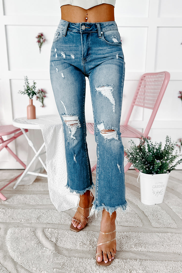 Nanette Distressed Mid-Rise Crop Flare Jeans (Light)-The Formal Wear