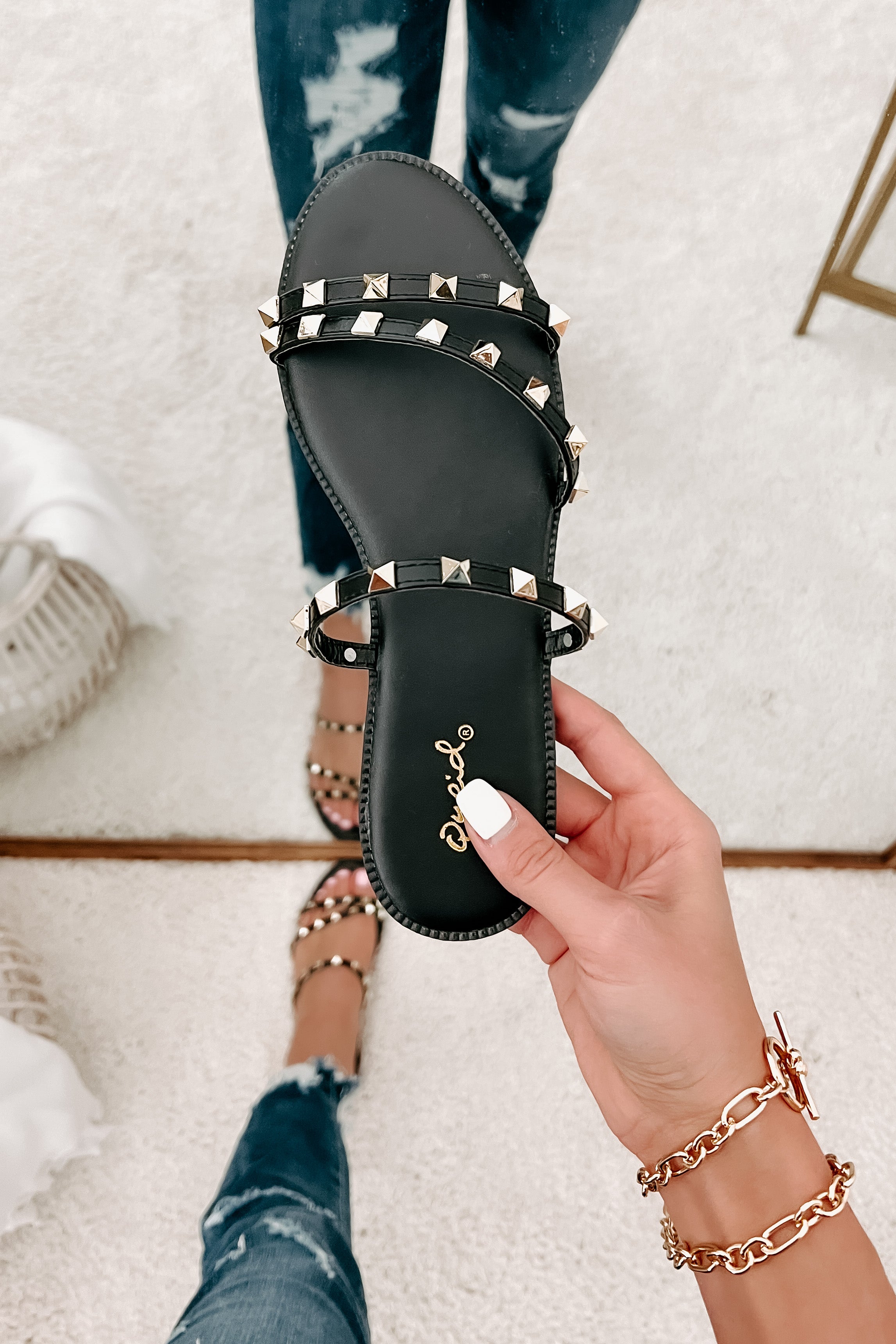 Getting Too Close Studded Slip-On Sandals (Black)-The Formal Wear