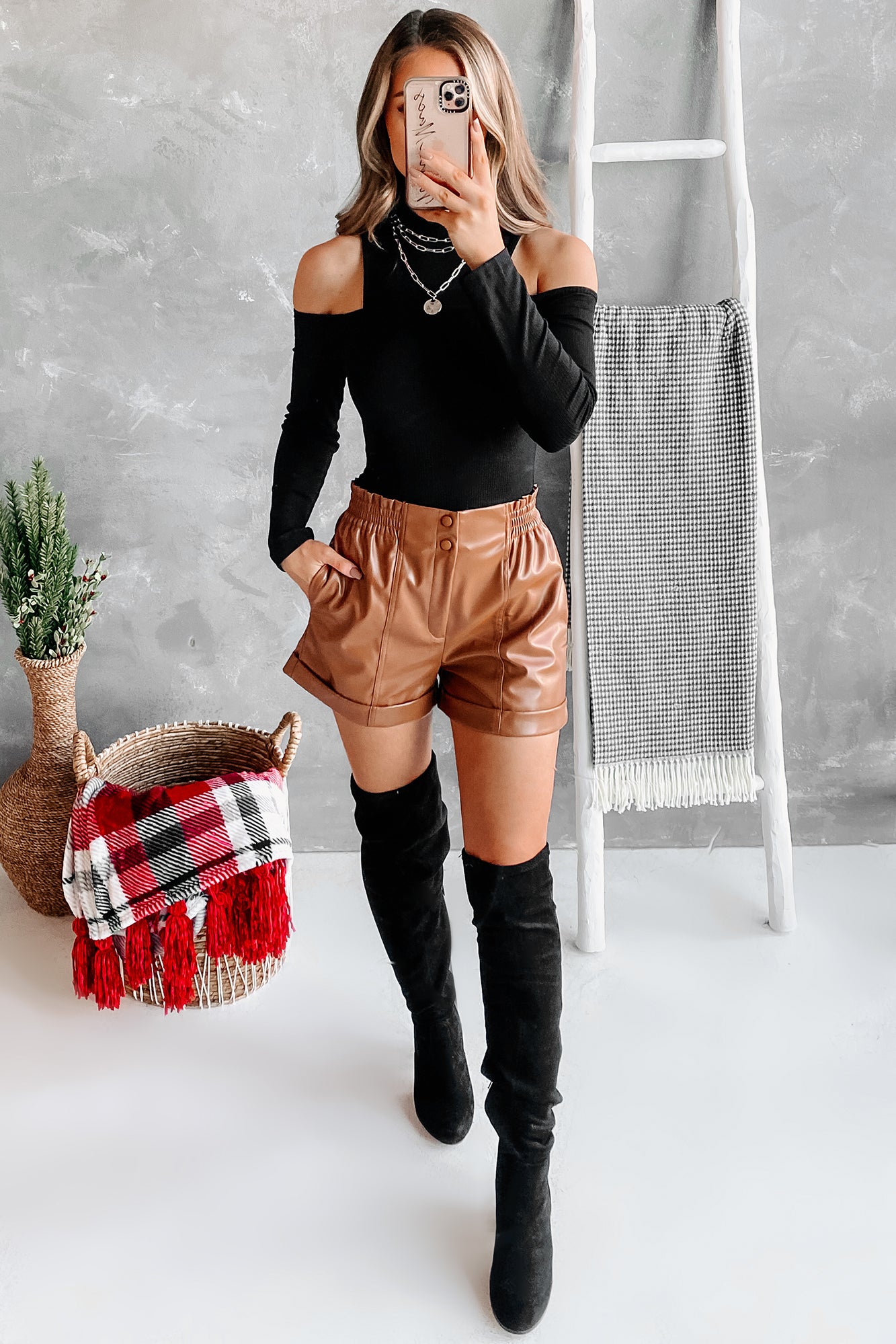 Back Faux More Faux Leather Elastic Waist Shorts (Caramel)-The Formal Wear