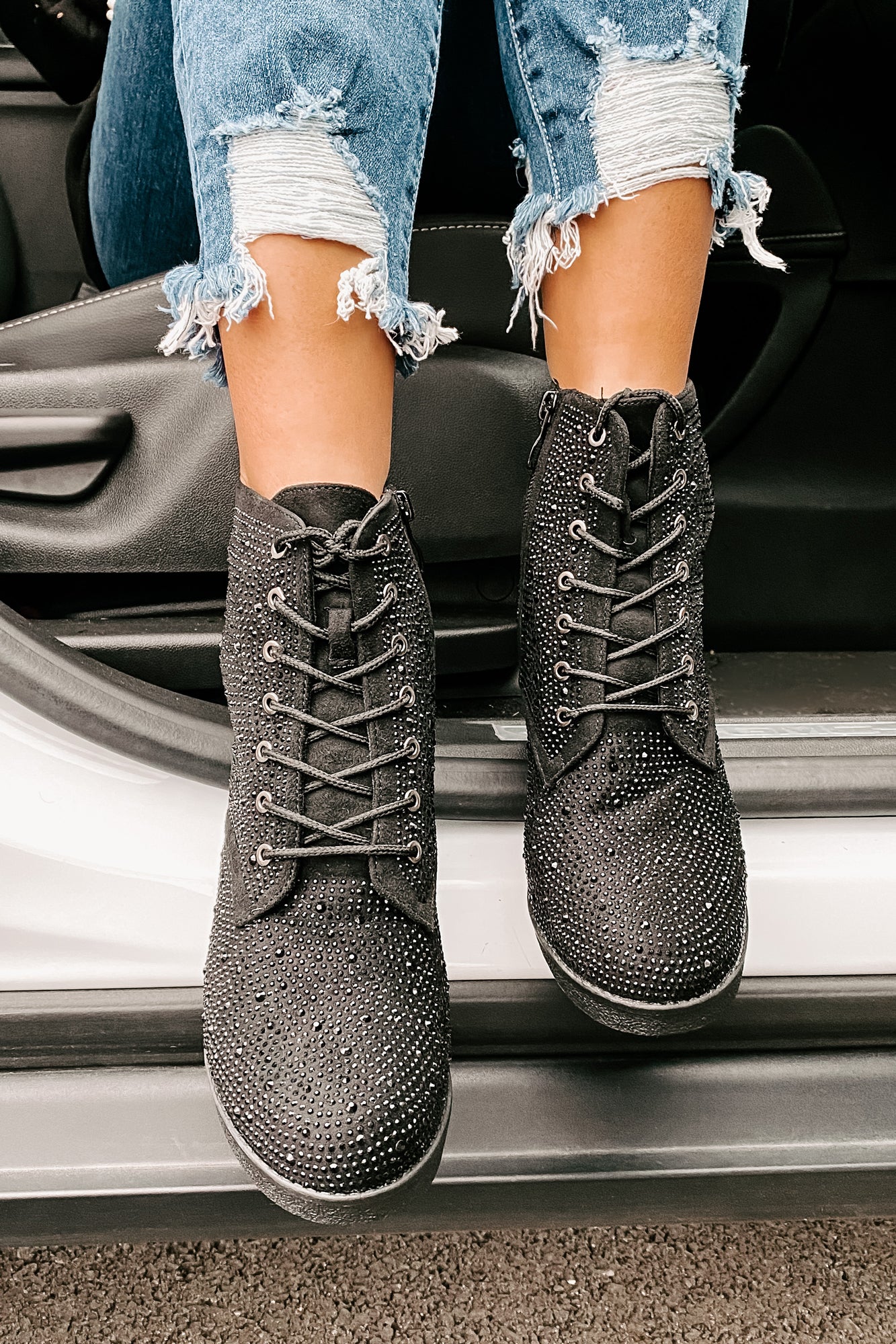 Born For This Lace-Up Rhinestone Booties (Black)-The Formal Wear