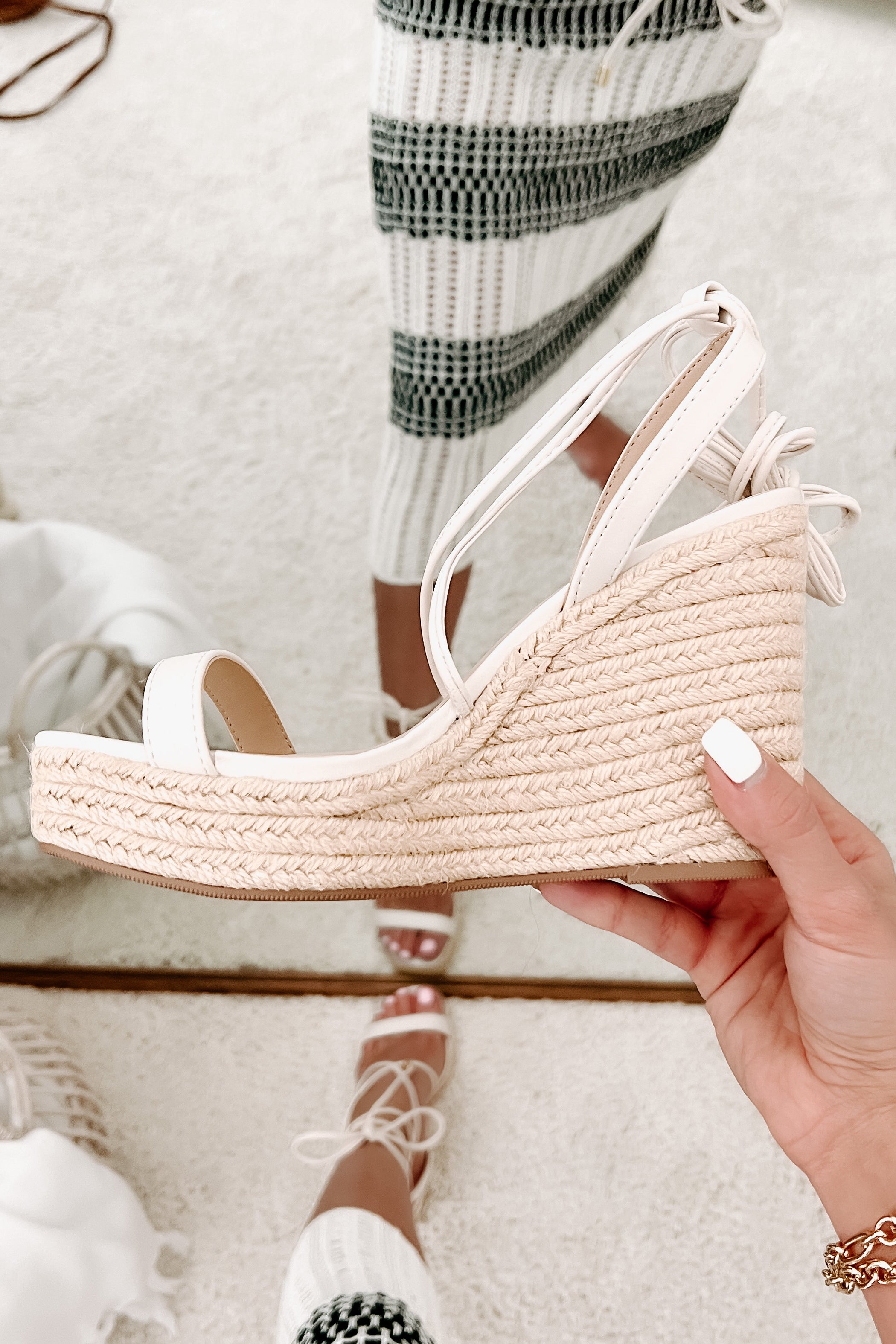 Match Made Ankle Tie Open Toe Wedges (Bone)-The Formal Wear