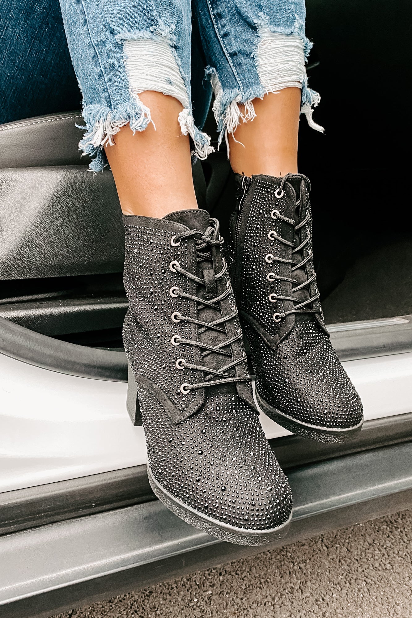 Born For This Lace-Up Rhinestone Booties (Black)-The Formal Wear