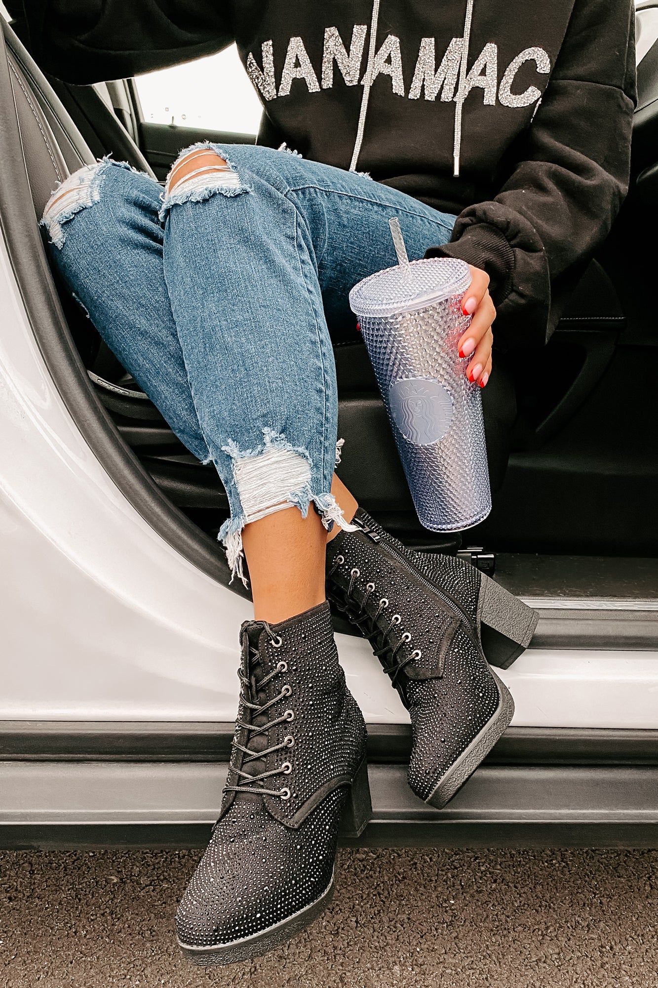 Born For This Lace-Up Rhinestone Booties (Black)-The Formal Wear