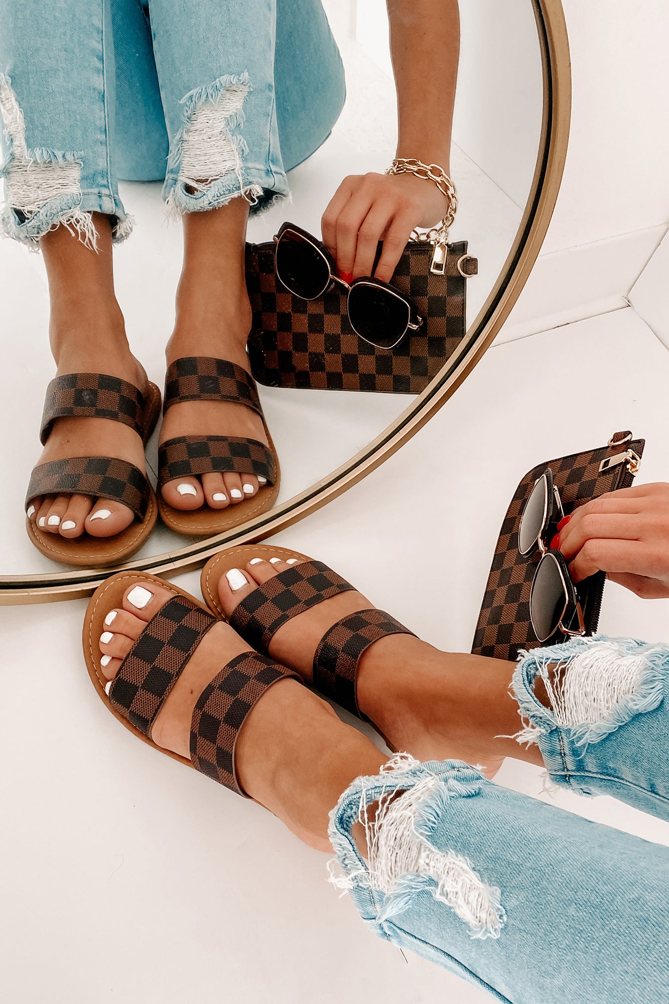 IMPERFECT Trendy Traditions Checkered Print Double Strap Sandals (Brown)-The Formal Wear