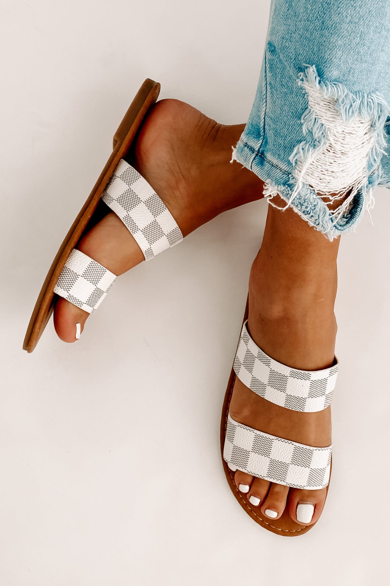 IMPERFECT Trendy Traditions Checkered Print Double Strap Sandals (White)-The Formal Wear