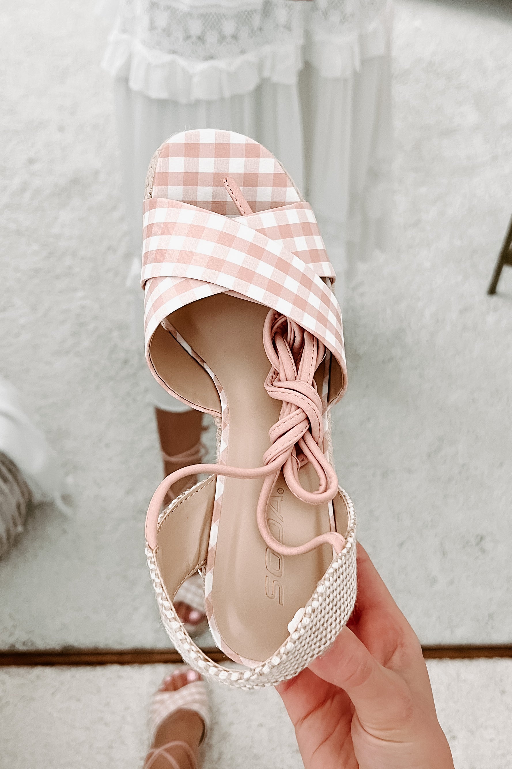 So Sweet Gingham Ankle Tie Wedge (Peach/White)-The Formal Wear