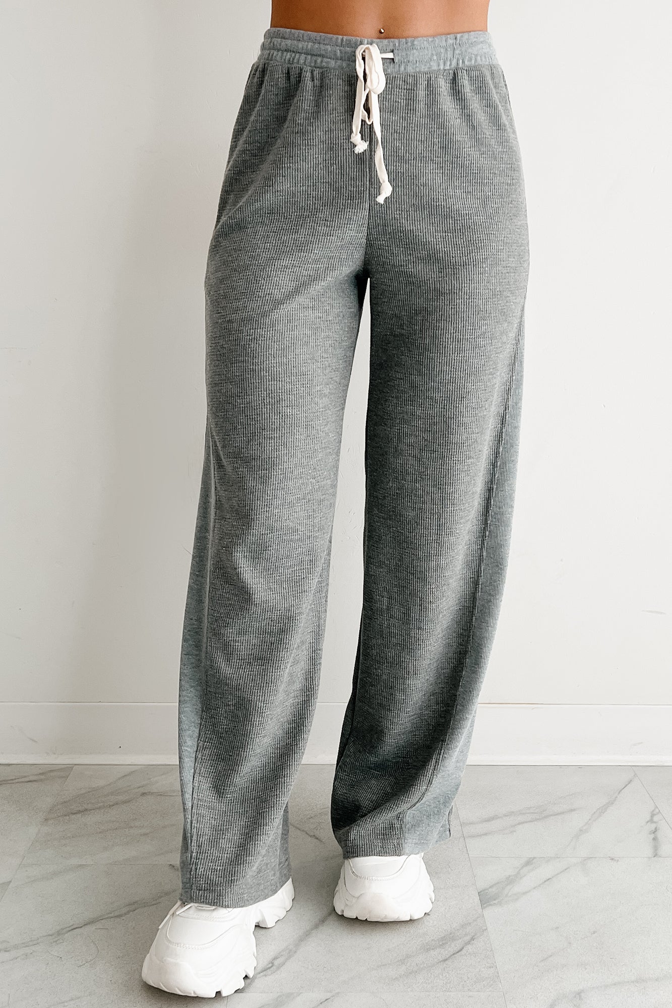 In The Daylight Contrast Tie Waffle Knit Pants (Heather Gray)-The Formal Wear