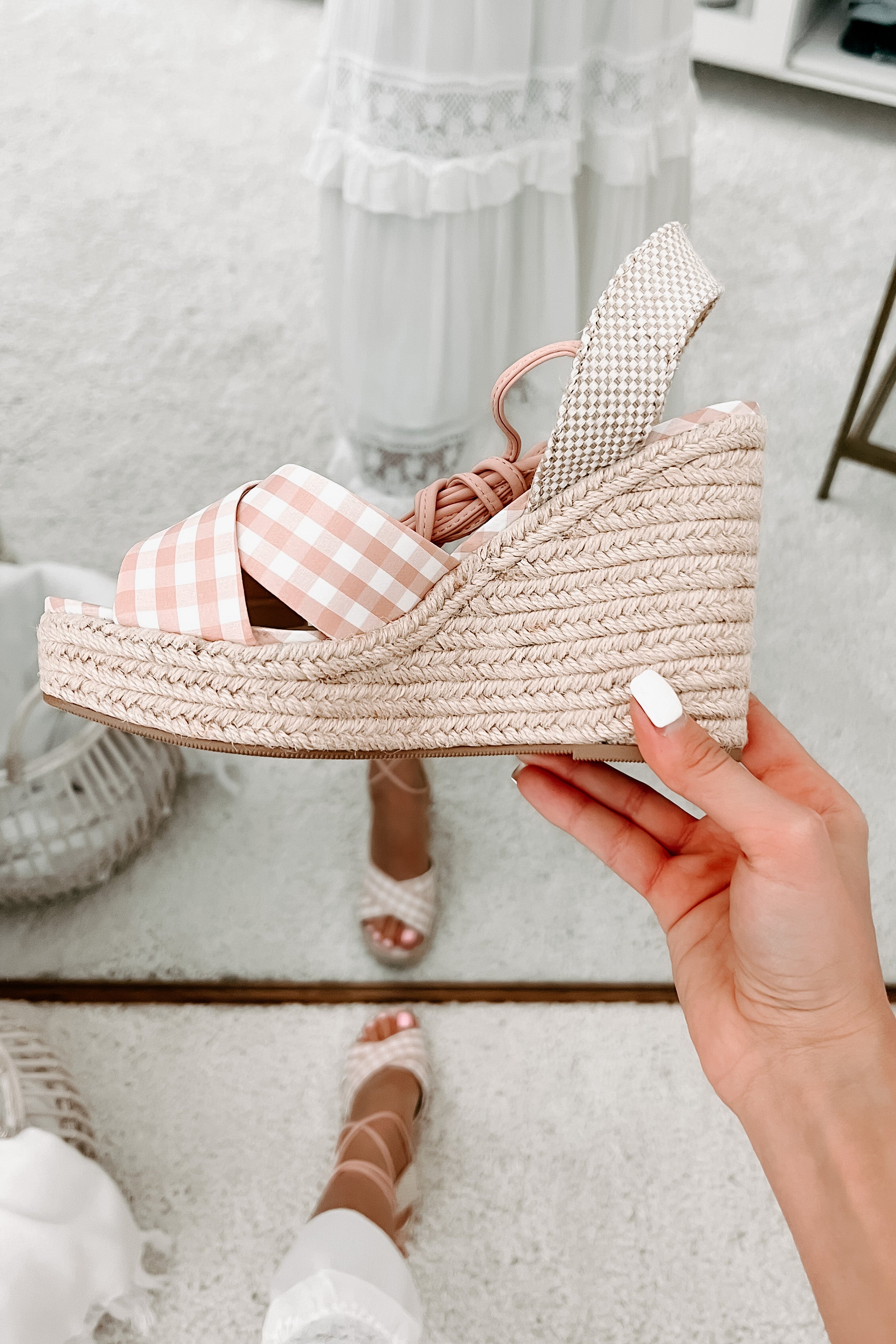 So Sweet Gingham Ankle Tie Wedge (Peach/White)-The Formal Wear