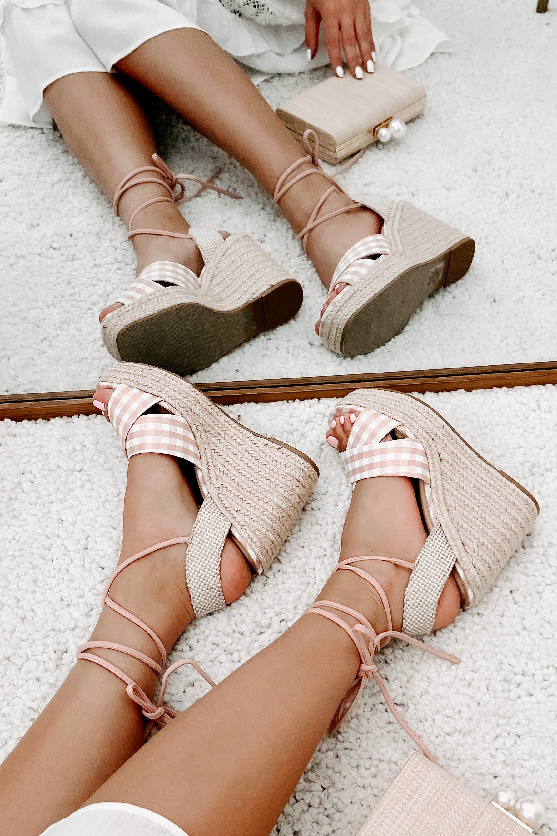 So Sweet Gingham Ankle Tie Wedge (Peach/White)-The Formal Wear