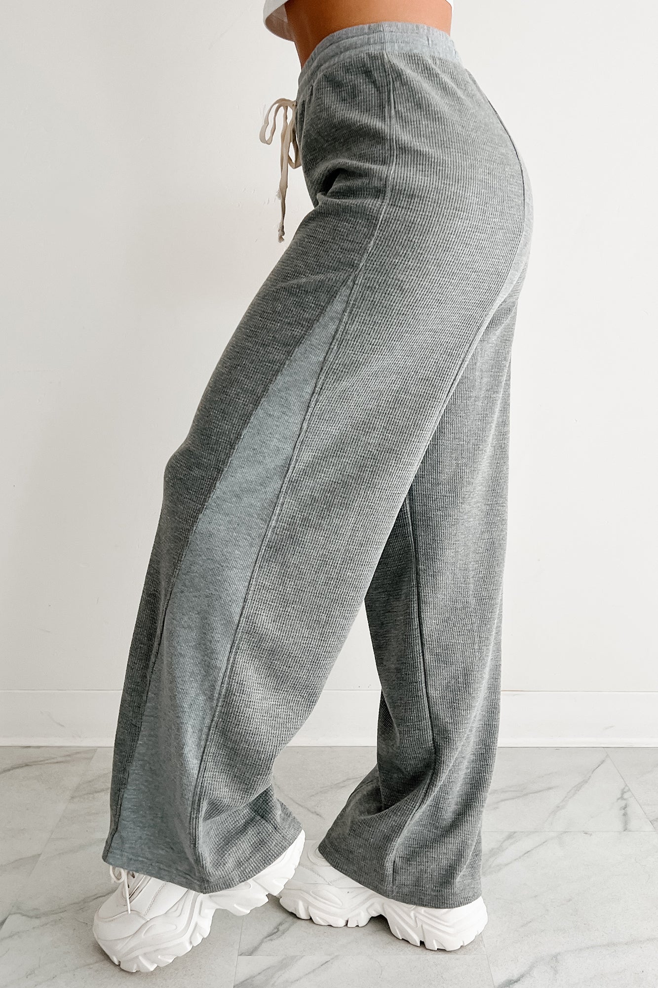 In The Daylight Contrast Tie Waffle Knit Pants (Heather Gray)-The Formal Wear