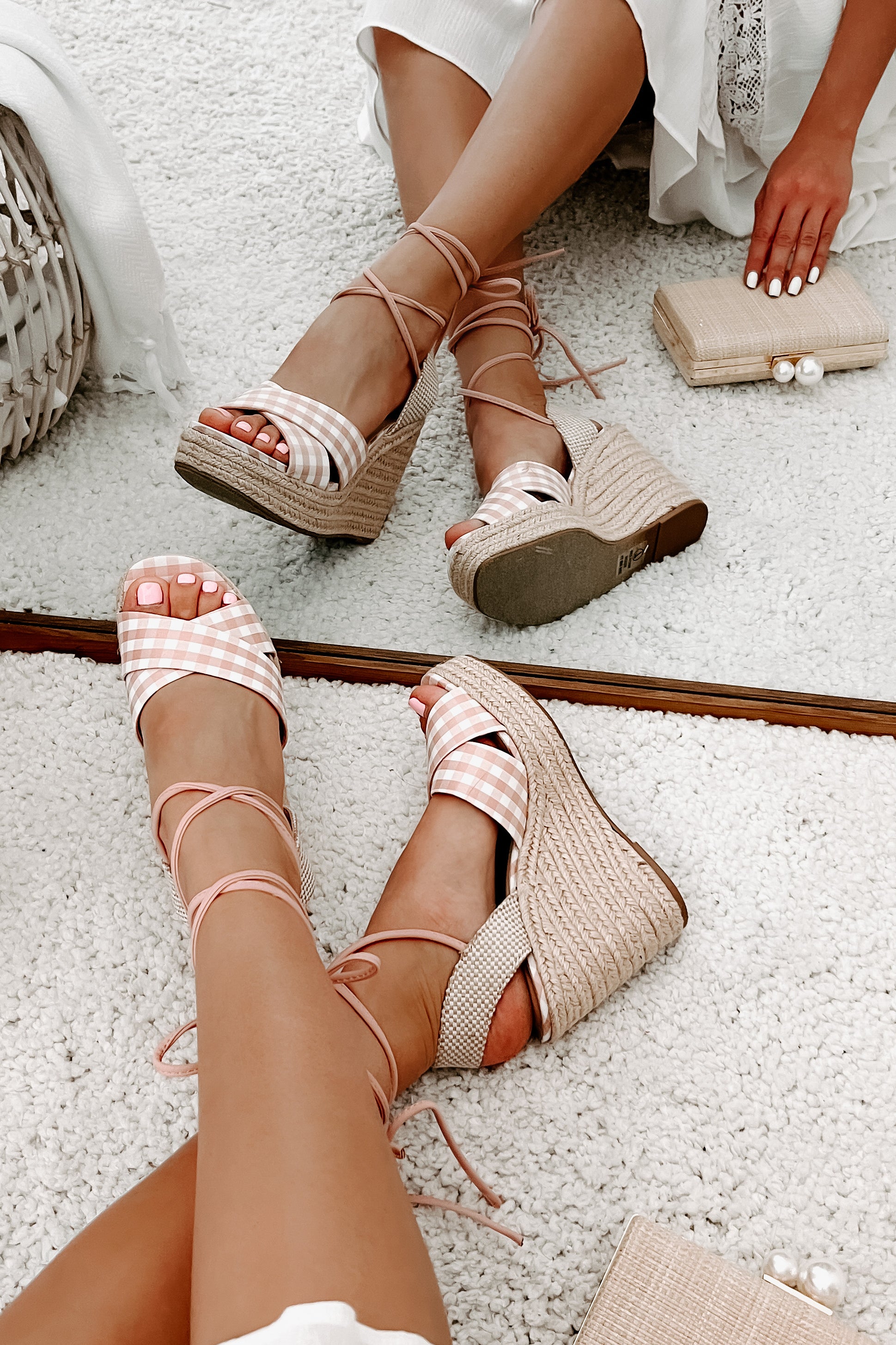 So Sweet Gingham Ankle Tie Wedge (Peach/White)-The Formal Wear