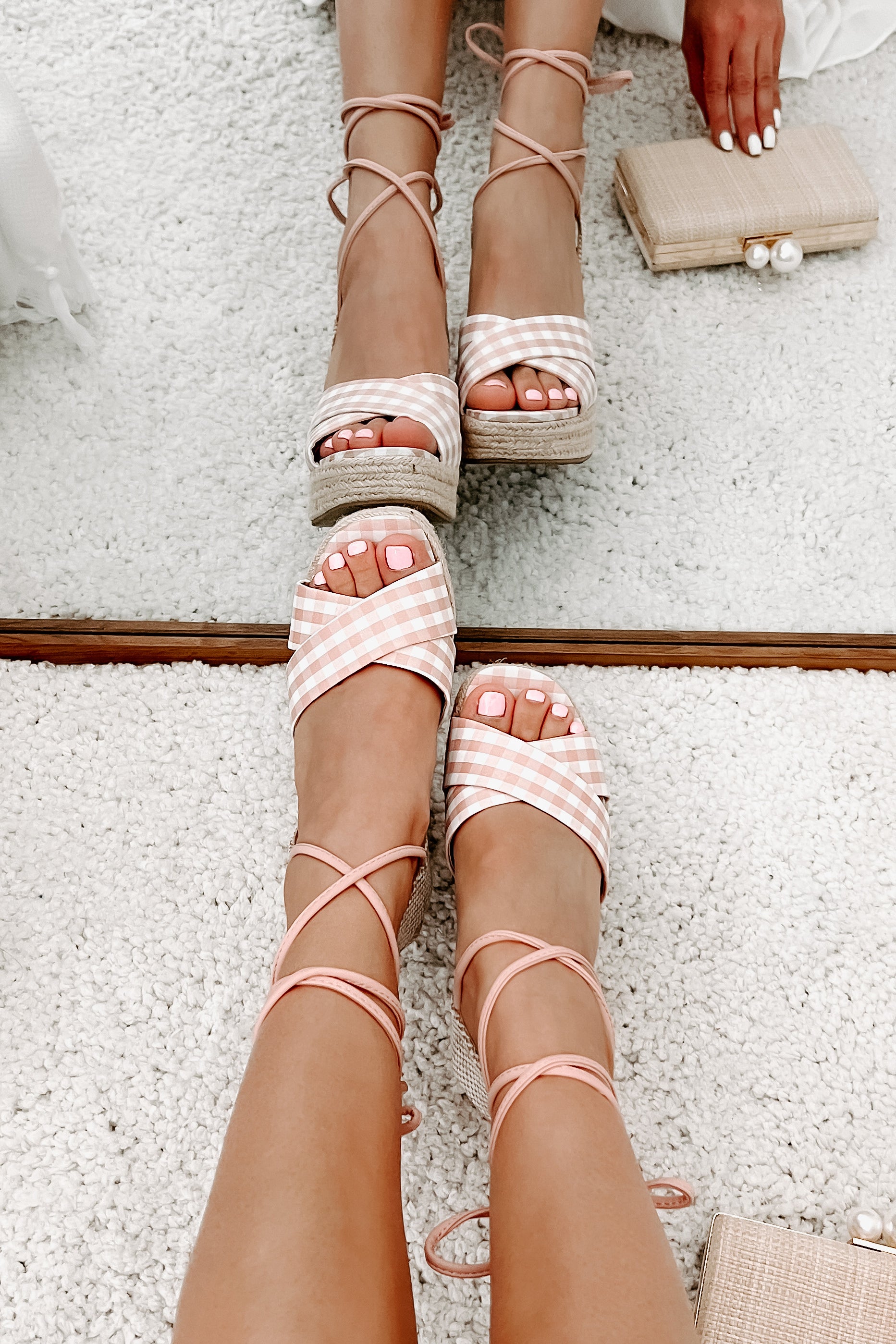 So Sweet Gingham Ankle Tie Wedge (Peach/White)-The Formal Wear