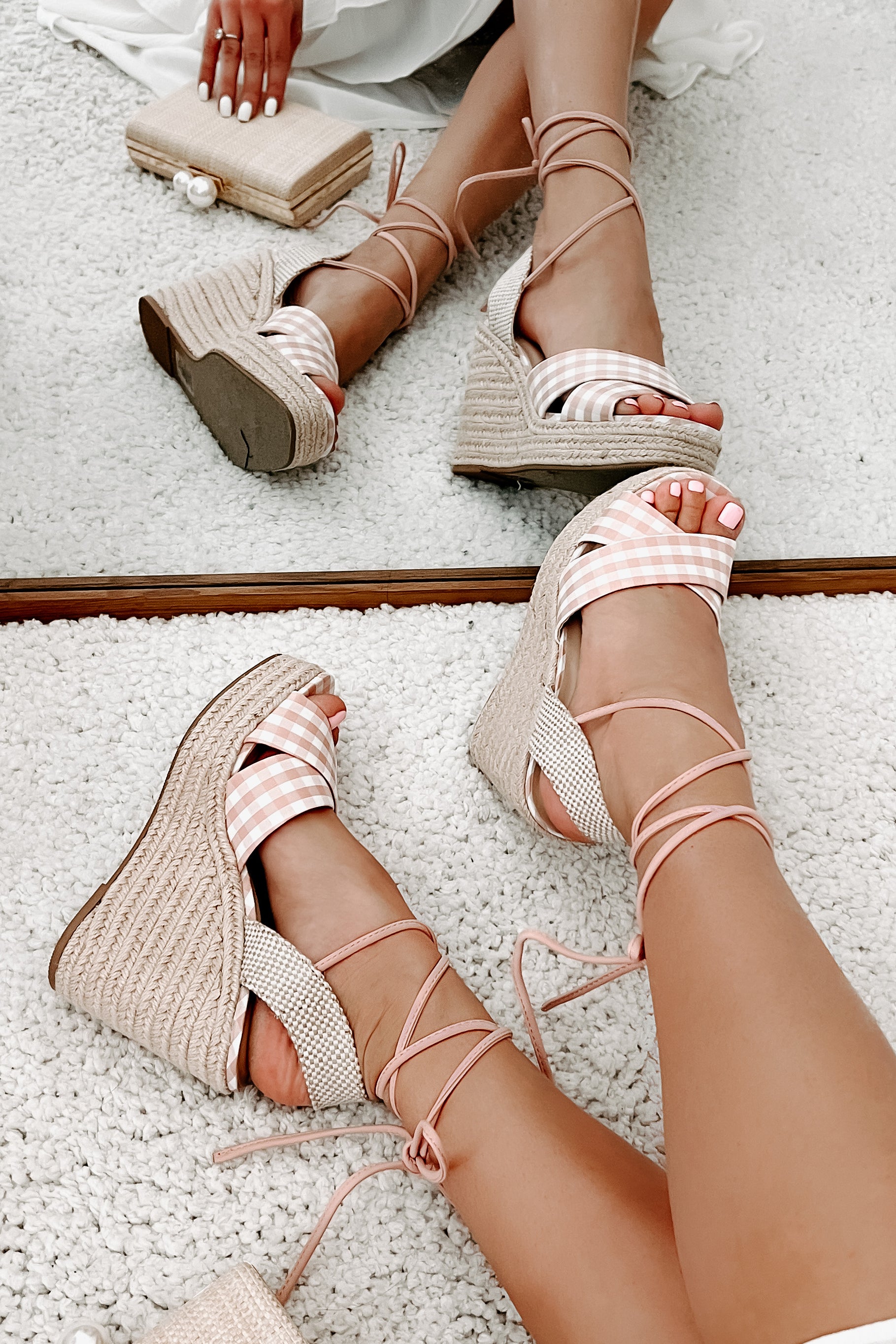 So Sweet Gingham Ankle Tie Wedge (Peach/White)-The Formal Wear