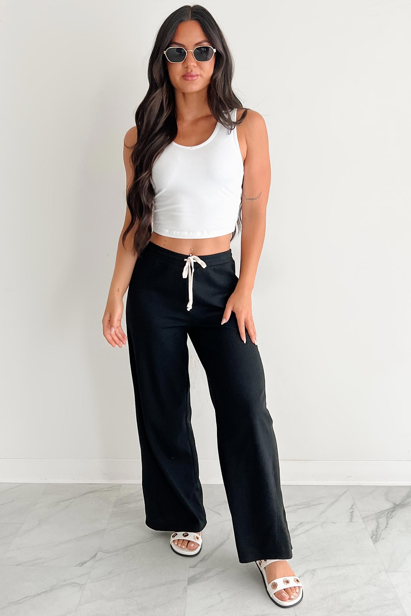 In The Daylight Contrast Tie Waffle Knit Pants (Black)-The Formal Wear