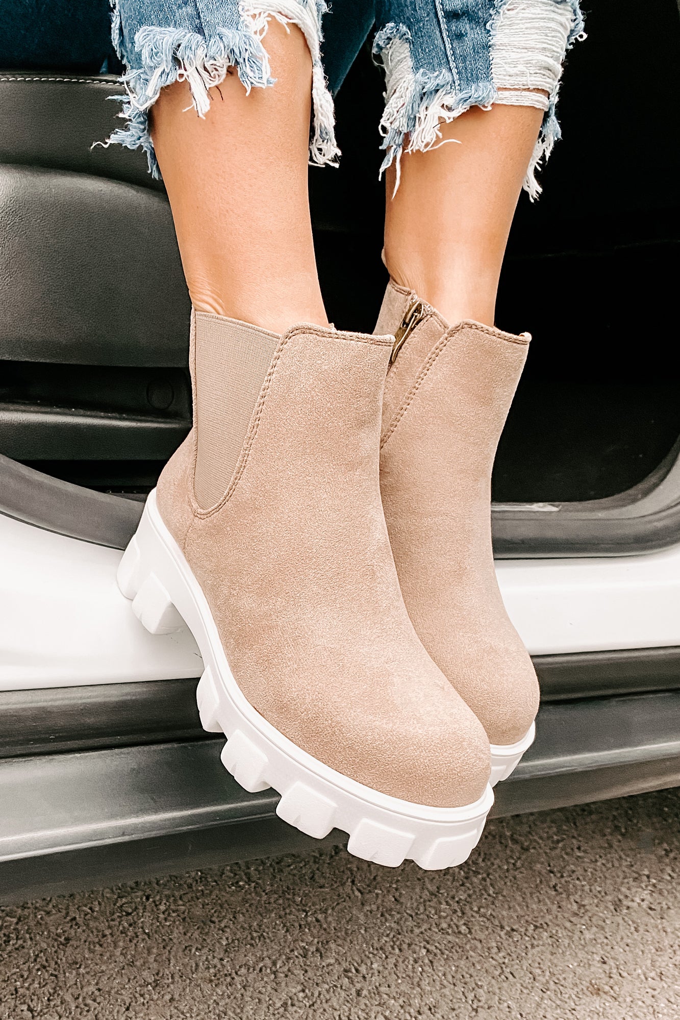 New Paths Faux Suede Chunky Sole Booties (Taupe)-The Formal Wear