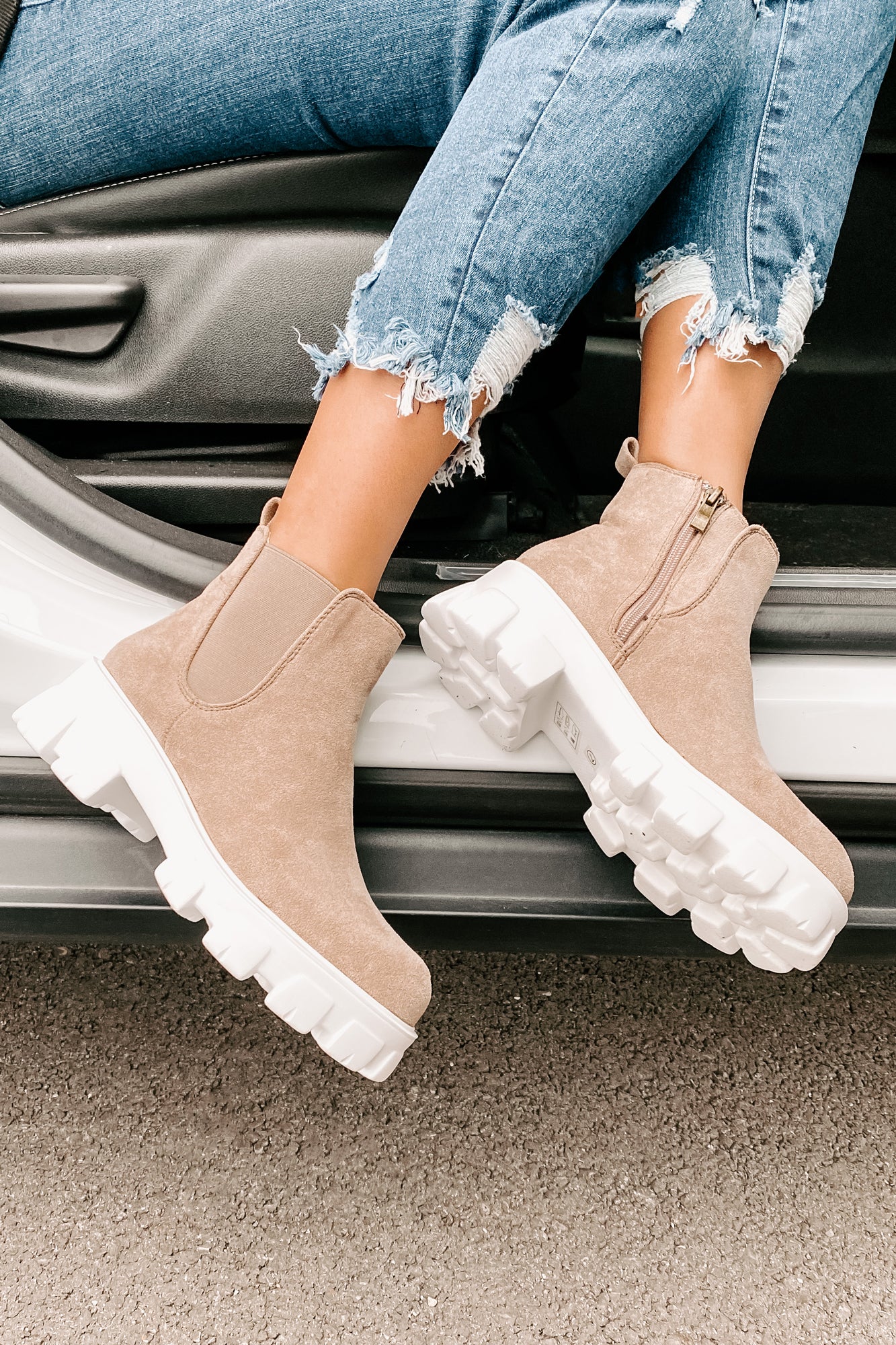 New Paths Faux Suede Chunky Sole Booties (Taupe)-The Formal Wear