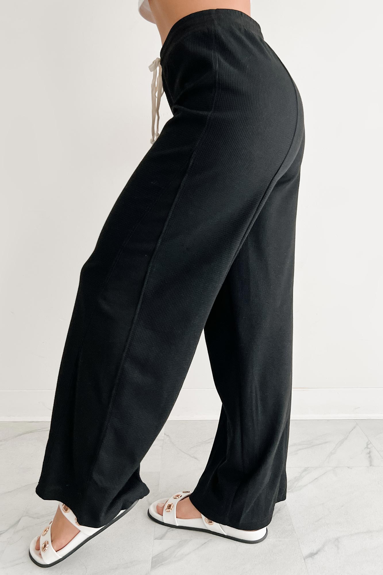 In The Daylight Contrast Tie Waffle Knit Pants (Black)-The Formal Wear