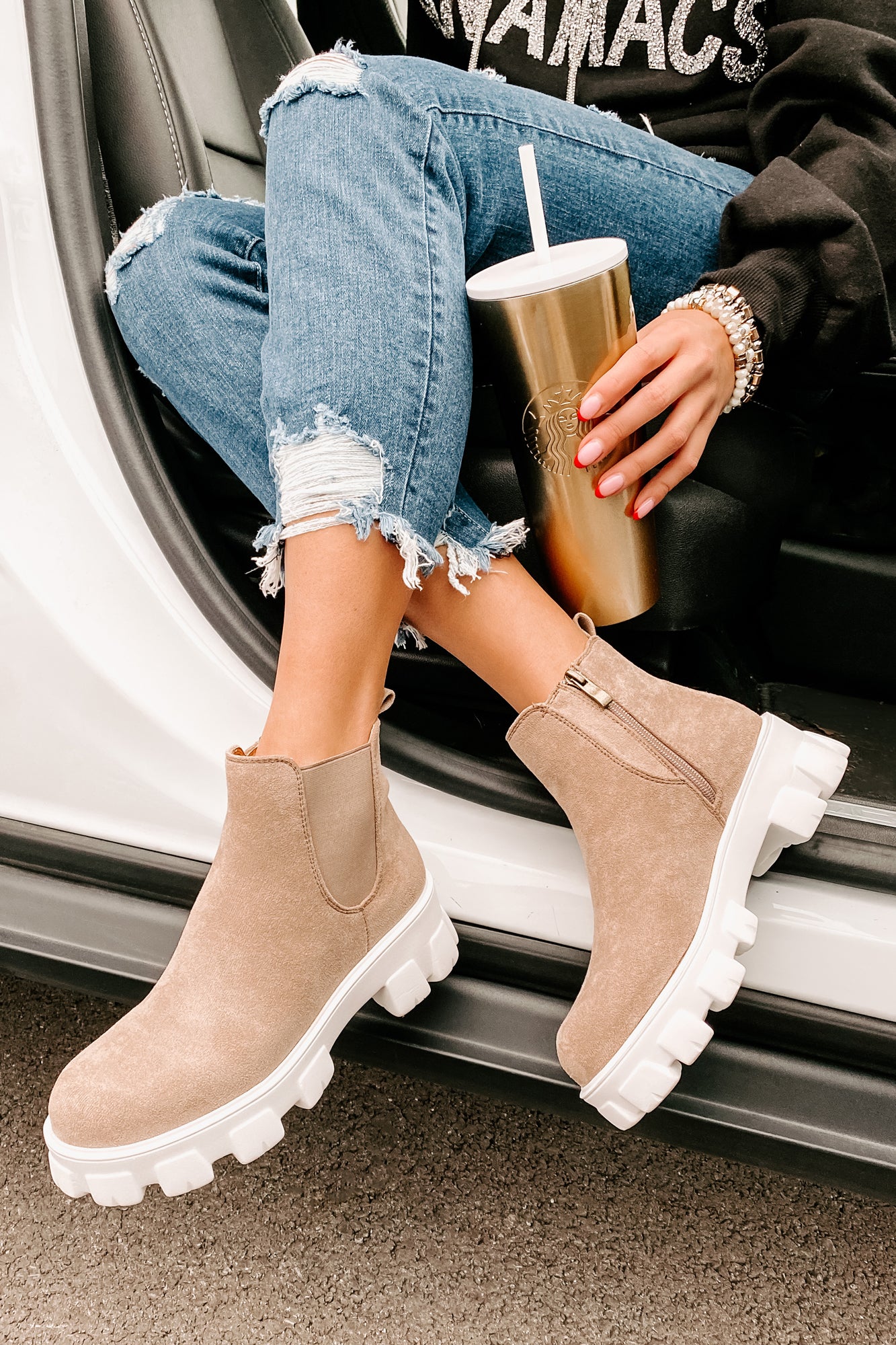 New Paths Faux Suede Chunky Sole Booties (Taupe)-The Formal Wear