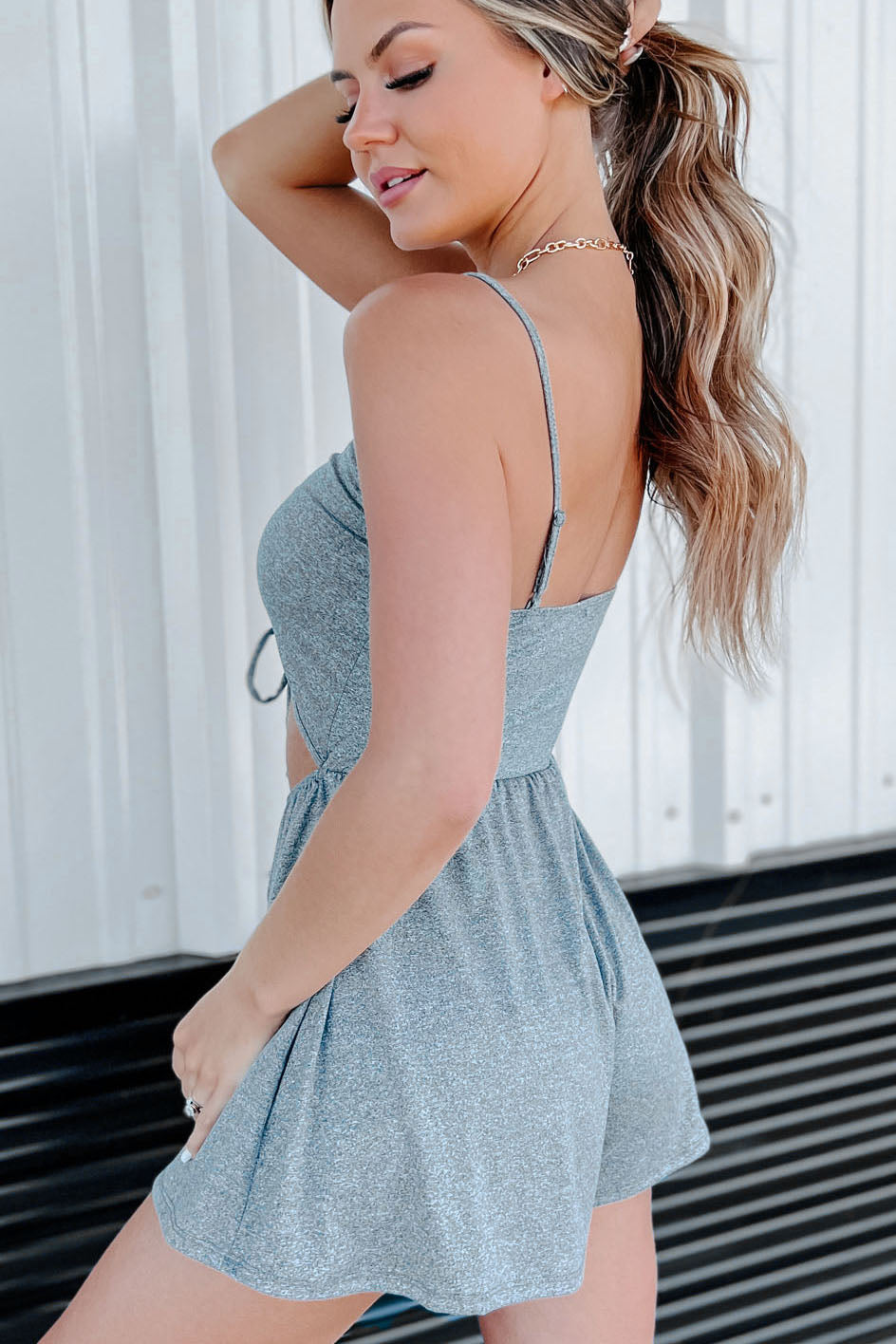 Curated Comforts Ruched Cut-Out Romper (Light Heather Charcoal)-The Formal Wear